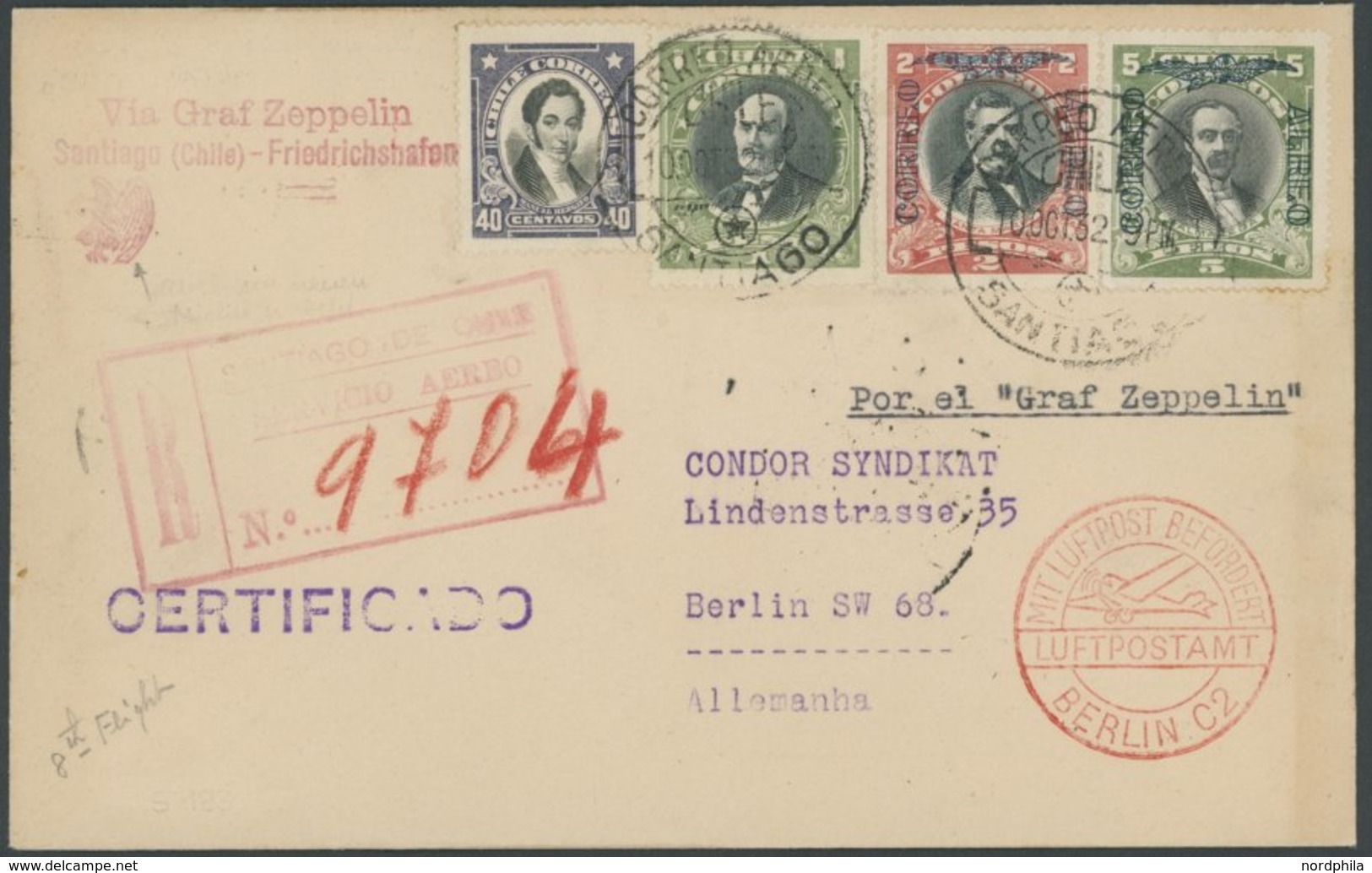 ZEPPELINPOST 193 BRIEF, 1932, 8. Südamerikafahrt Mit Unbekanntem Chilenischen Sonderbestätigungsstempel, Einschreiben, P - Airmail & Zeppelin