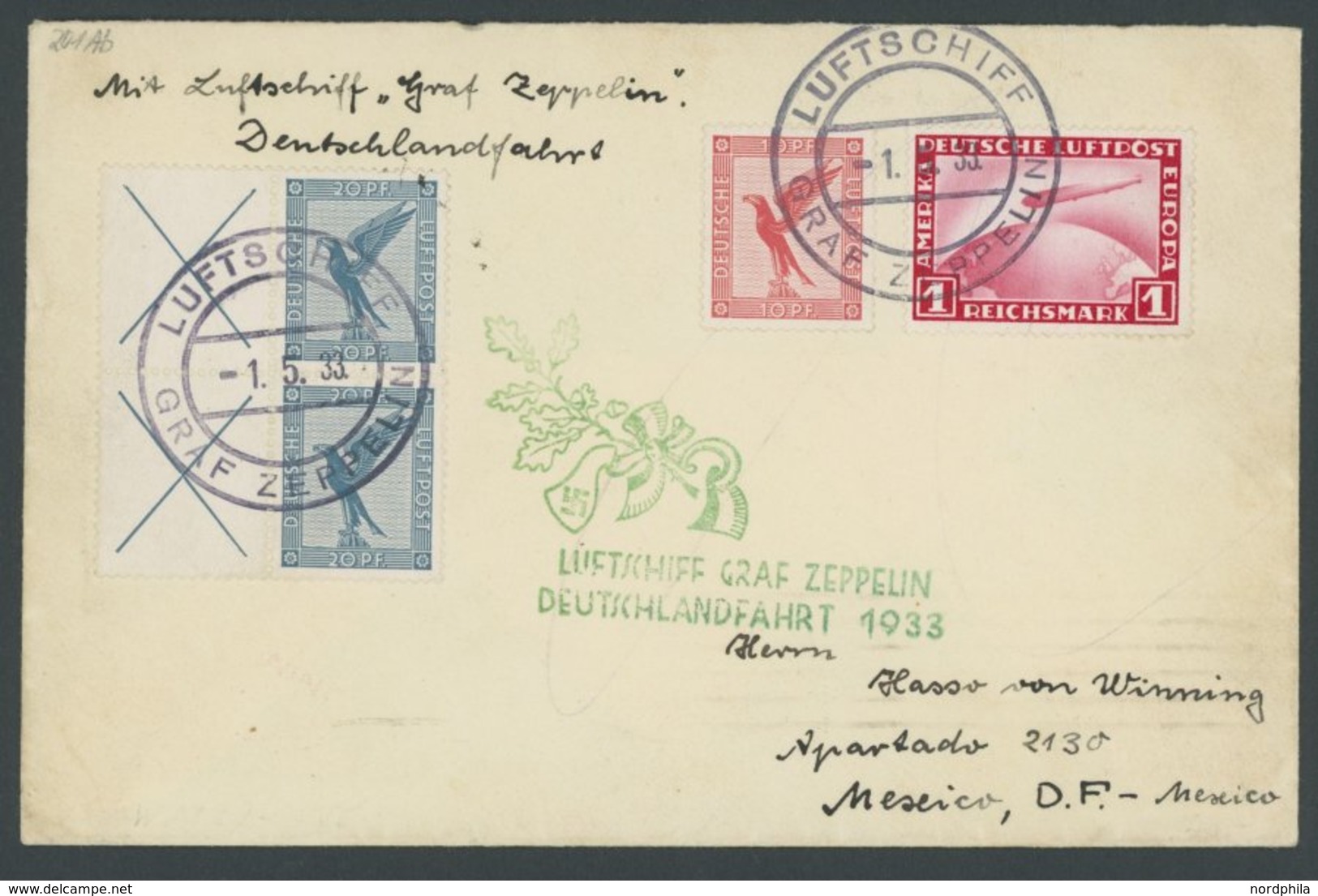 ZEPPELINPOST 201Ab BRIEF, 1933, Deutschlandfahrt, Bordpost, Frankiert U.a. Mit Zusammendruck Mi.Nr. 21.1 Im Paar, Pracht - Airmail & Zeppelin