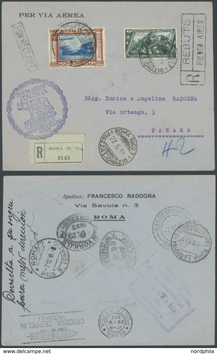 ZEPPELINPOST 208F BRIEF, 1933, Italienfahrt, Ital. Post, Frankiert U.a. Mit 20 Lire, Einschreibbrief Nach Panama, Wegen  - Luchtpost & Zeppelin