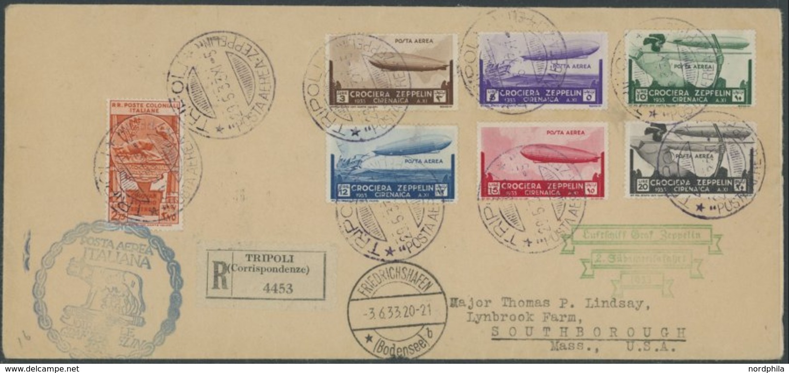 ZEPPELINPOST 212O/214 BRIEF, 1933, Italienfahrt, Cyrenaica Post Mit Komplettem Satz, Einschreiben Ab Tripoli, Transit Ro - Luchtpost & Zeppelin