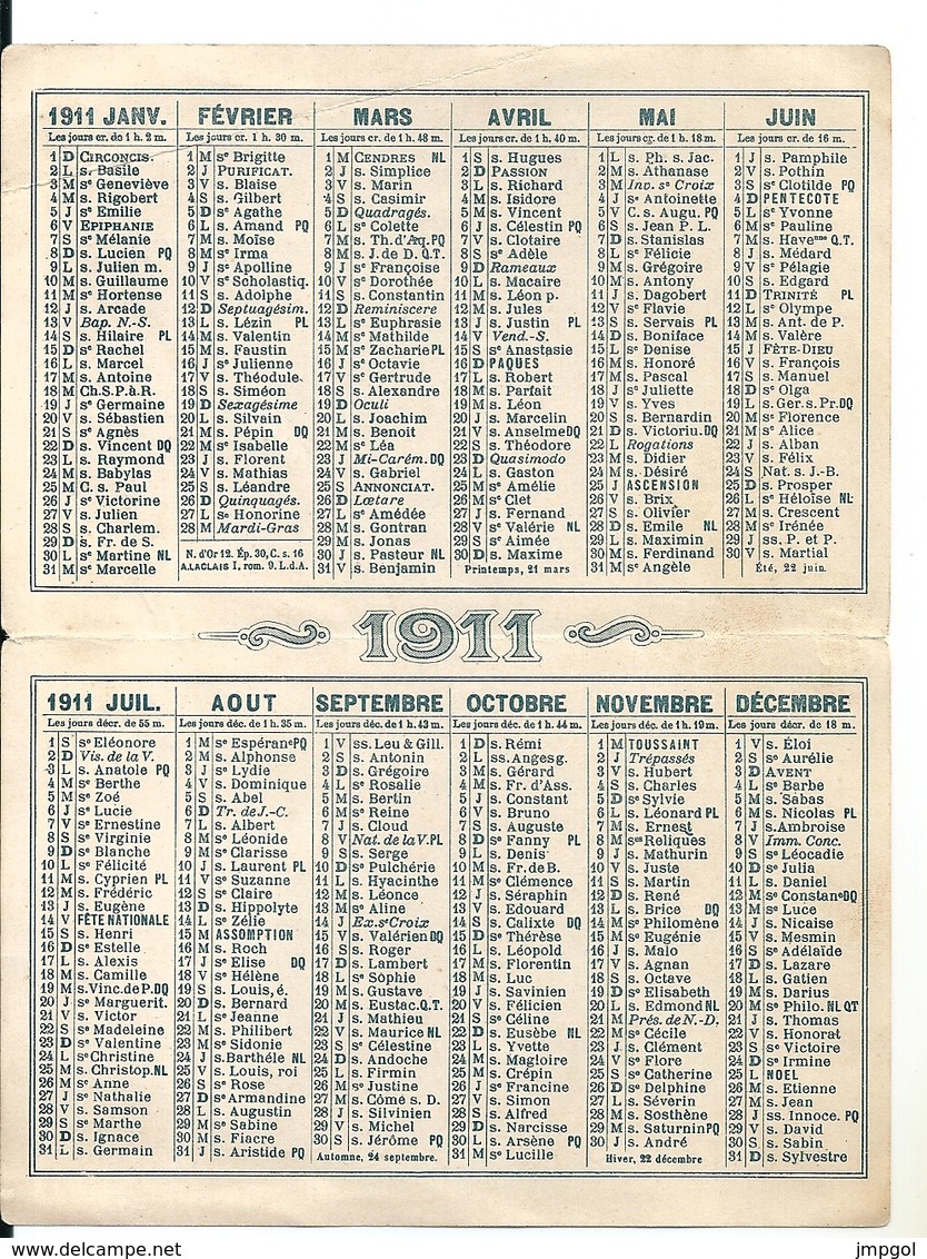 Calendrier 1911 Fiacre Et Cohendy Mercerie Bonneterie  Chaussures Rue Fontgiève Clermont Ferrand - Petit Format : 1901-20