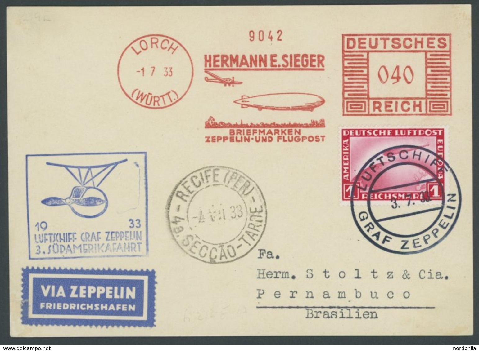 ZEPPELINPOST 219E BRIEF, 1933, 3. Südamerikafahrt, Bordpost Mit Freistempler Und Mi.Nr. 455, Prachtkarte - Airmail & Zeppelin