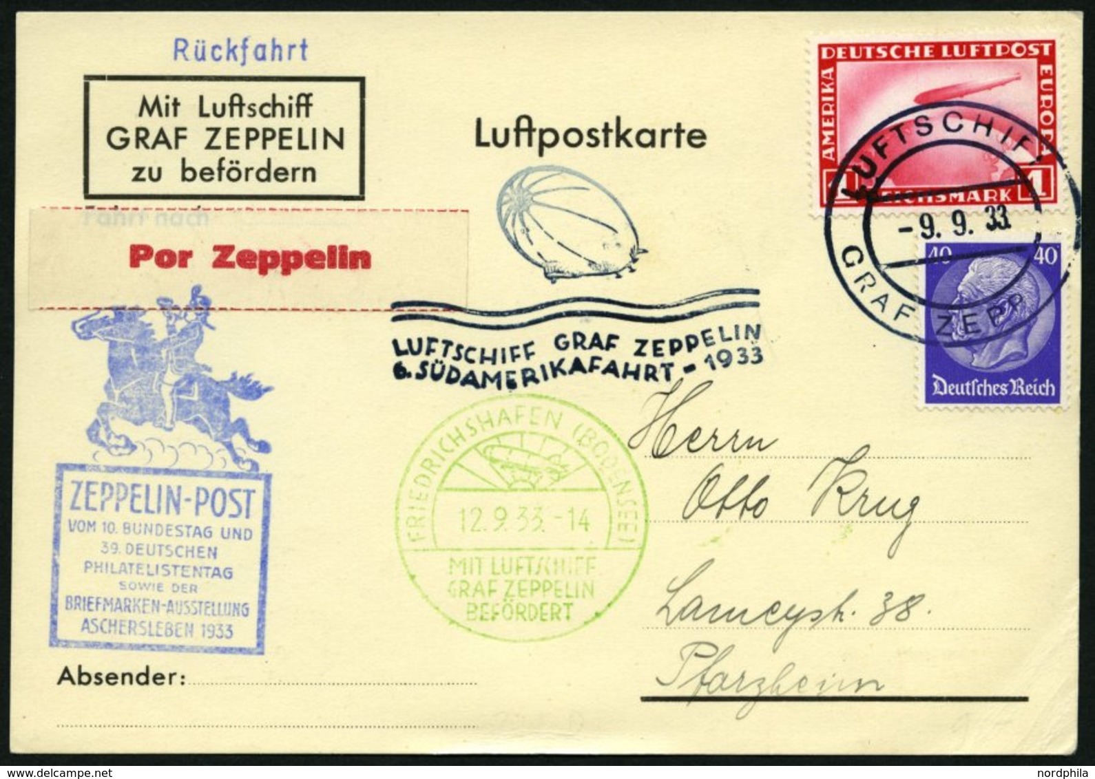 ZEPPELINPOST 229D BRIEF, 1933, 6. Südamerikafahrt, Mit Zusätzlichem Stempel Aschersleben, Prachtkarte - Luchtpost & Zeppelin