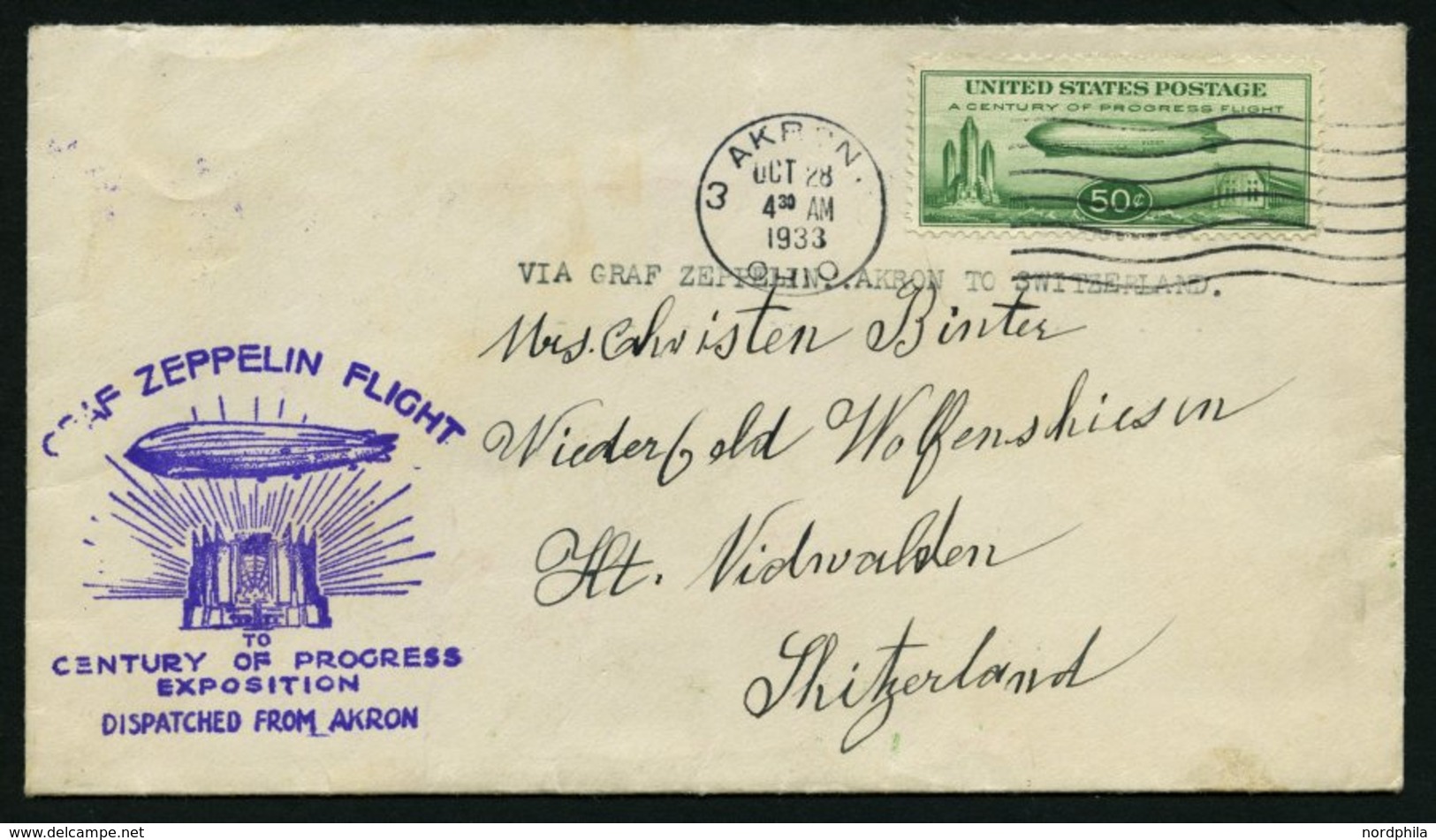 ZEPPELINPOST 243D BRIEF, 1933, Chicagofahrt, US-Post, Akron-Fr`hafen, Prachtbrief In Die Schweiz - Luchtpost & Zeppelin