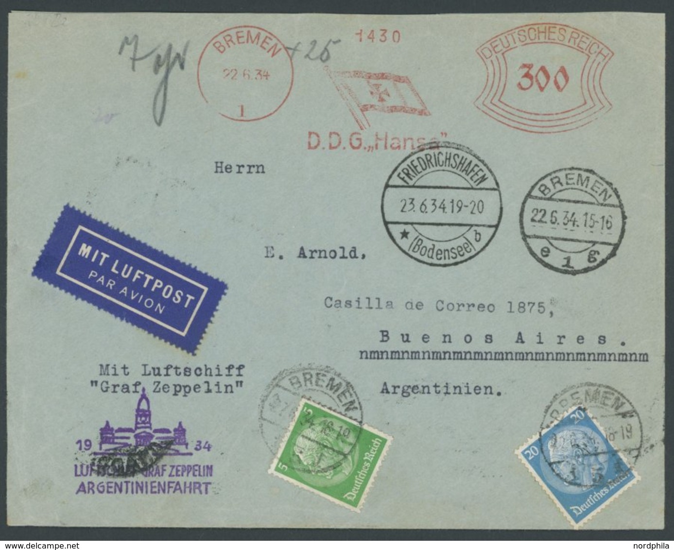 ZEPPELINPOST 254Ba BRIEF, 1934, Argentinienfahrt, Auflieferung Friedrichshafen, Mit Seltenem Freistempler Dampfschiffahr - Airmail & Zeppelin