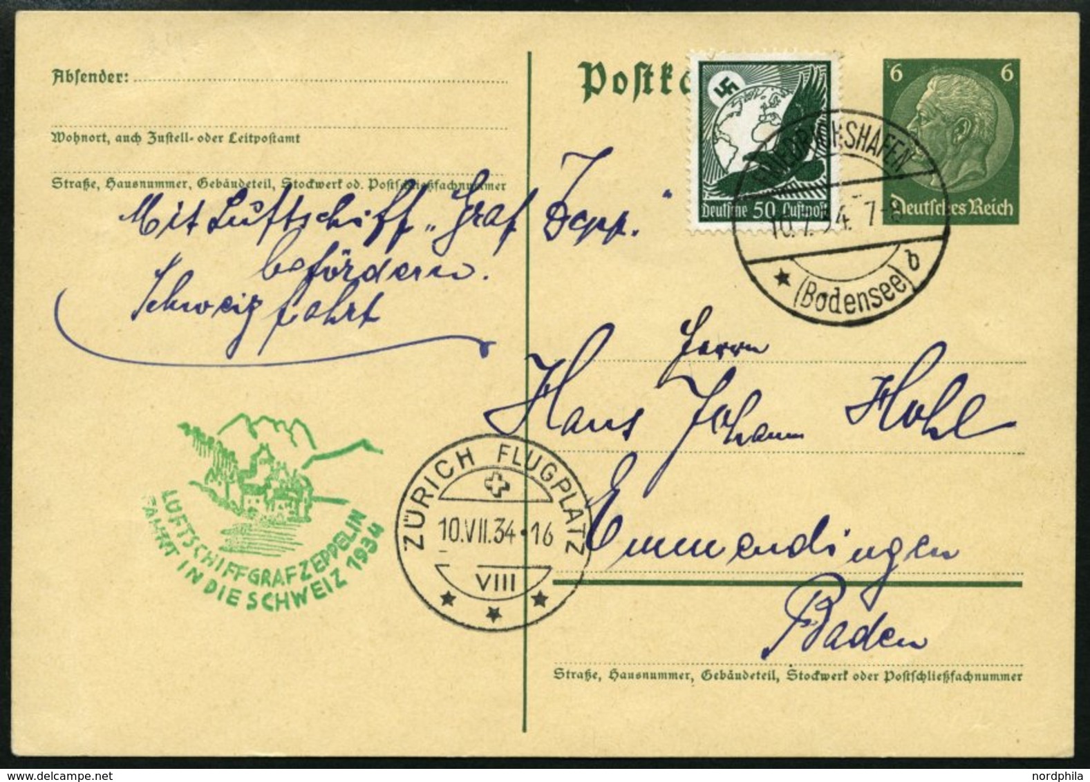 ZEPPELINPOST 259Aa BRIEF, 1934, Schweizfahrt, Abwurf Zürich Flugplatz, Auflieferung Fr`hafen, Prachtkarte - Luchtpost & Zeppelin