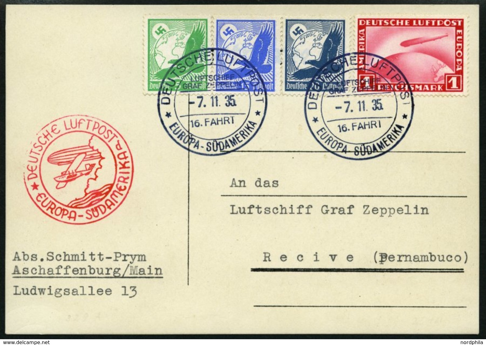 ZEPPELINPOST 329Ab BRIEF, 1935, 16. Südamerikafahrt, Bordpost Mit Stempel D, Prachtkarte - Luchtpost & Zeppelin