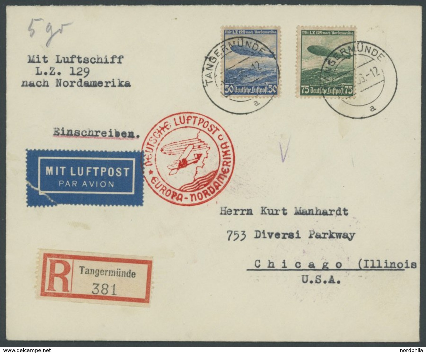 ZEPPELINPOST 406C BRIEF, 1936, 1. Nordamerikafahrt, Auflieferung Frankfurt, Einschreibbrief Aus Tangermünde, Pracht - Airmail & Zeppelin