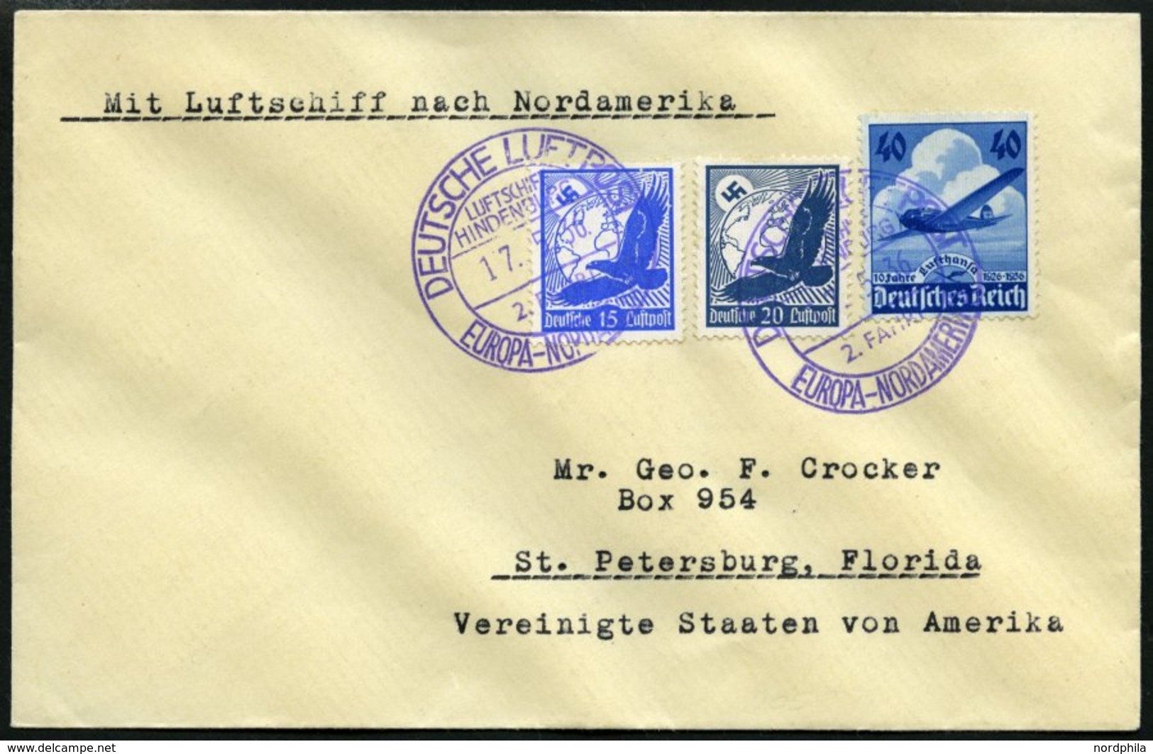 ZEPPELINPOST 410A BRIEF, 1936, 2. Nordamerikafahrt, Violetter Bordpoststempel, Prachtbrief - Airmail & Zeppelin