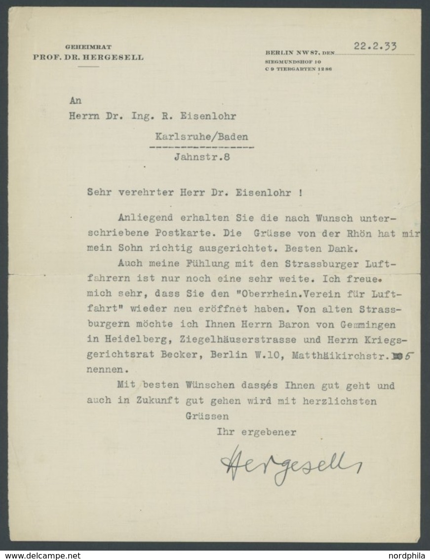 ZEPPELINPOST 1933, Eigenhändig Unterschriebener Brief Von Prof. Dr. Hergesell - Reichskommisar Bei Den Meisten Zeppelin- - Airmail & Zeppelin