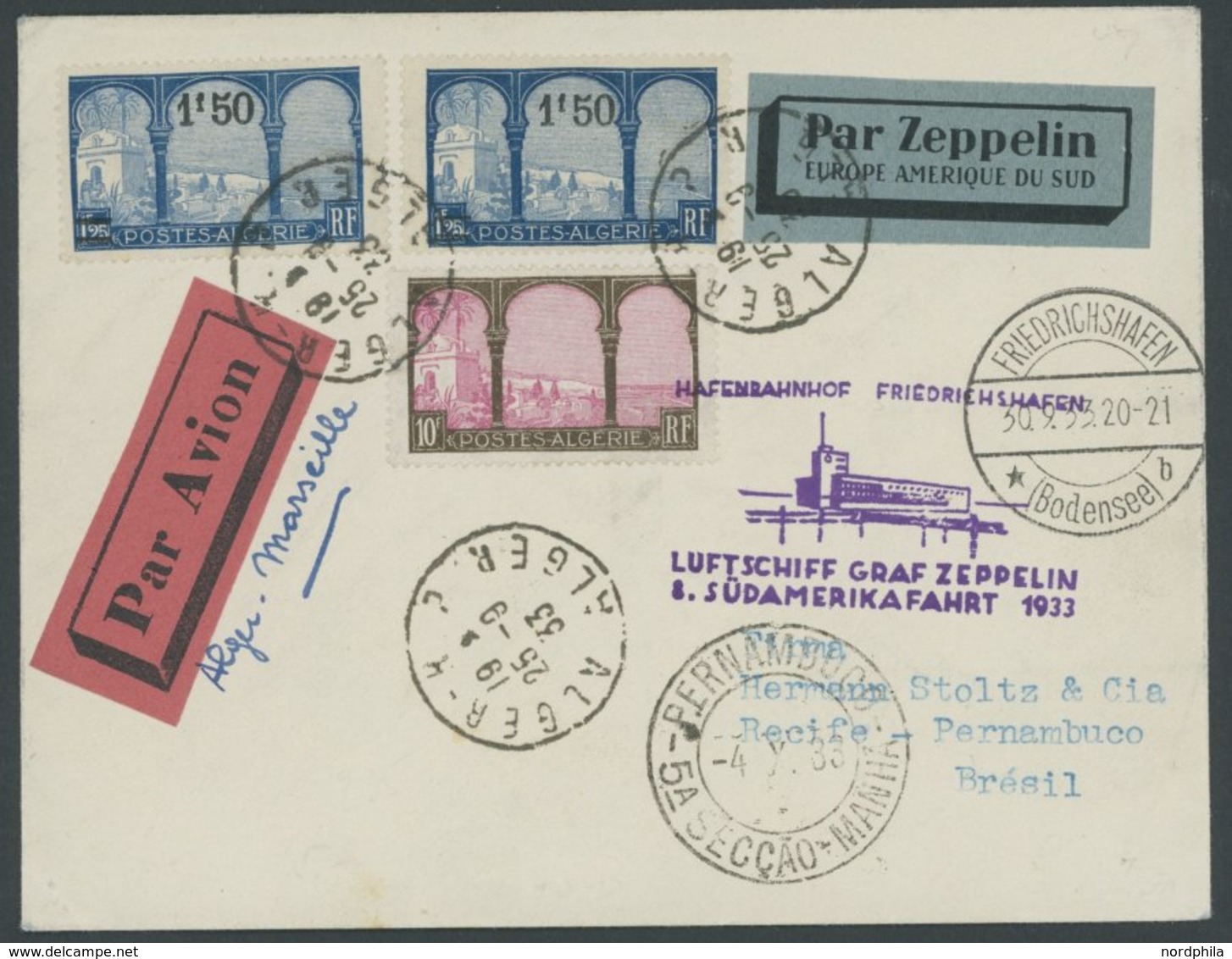 ZULEITUNGSPOST 235Aa BRIEF, Algerien: 1933, 8. Südamerikafahrt, Einschreibbrief, Pracht - Zeppelins