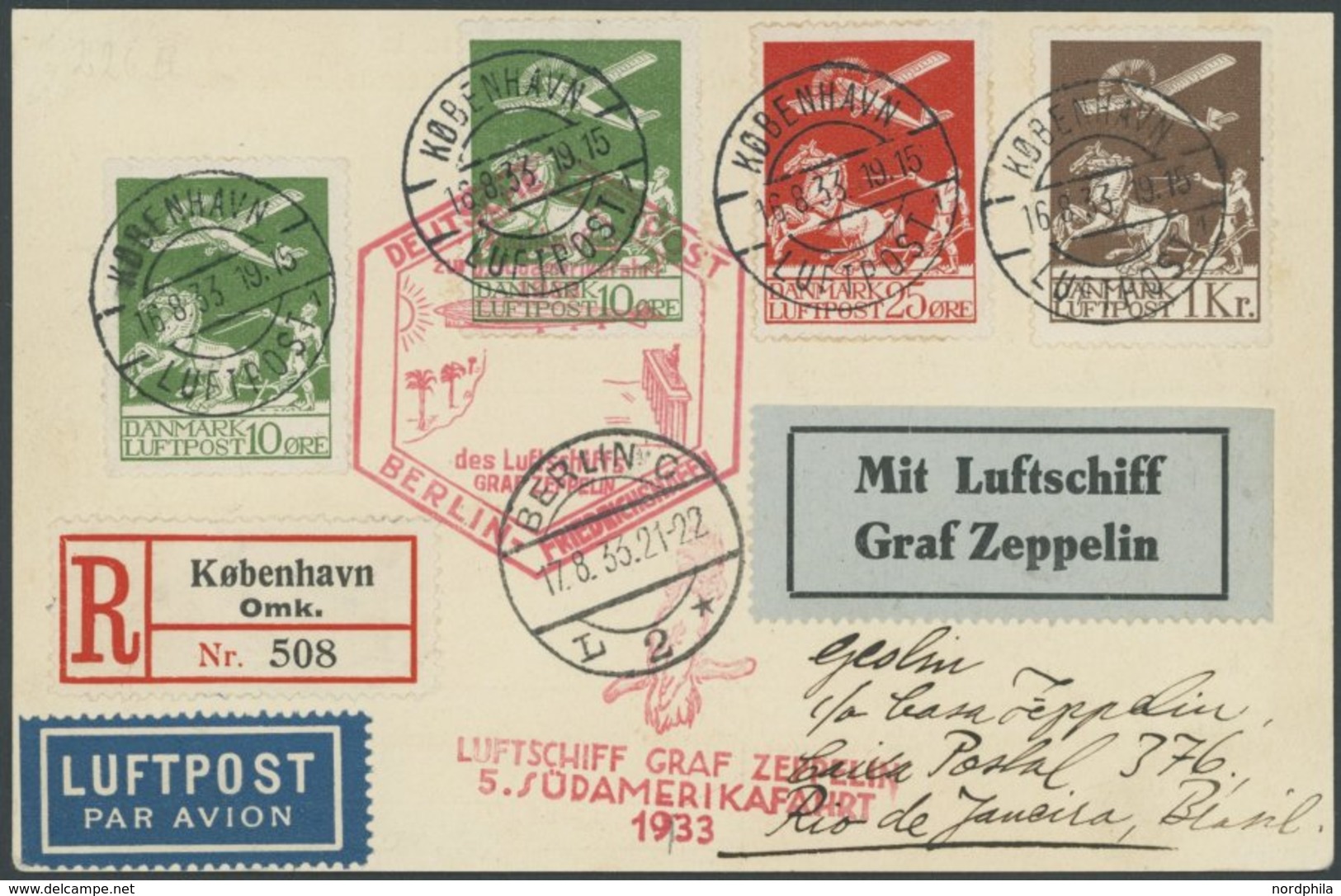 ZULEITUNGSPOST 226B BRIEF, Dänemark: 1933, 5. Südamerikafahrt, Anschlussflug Ab Berlin, Frankiert Mit 181, 143 (2x) Und  - Zeppelin