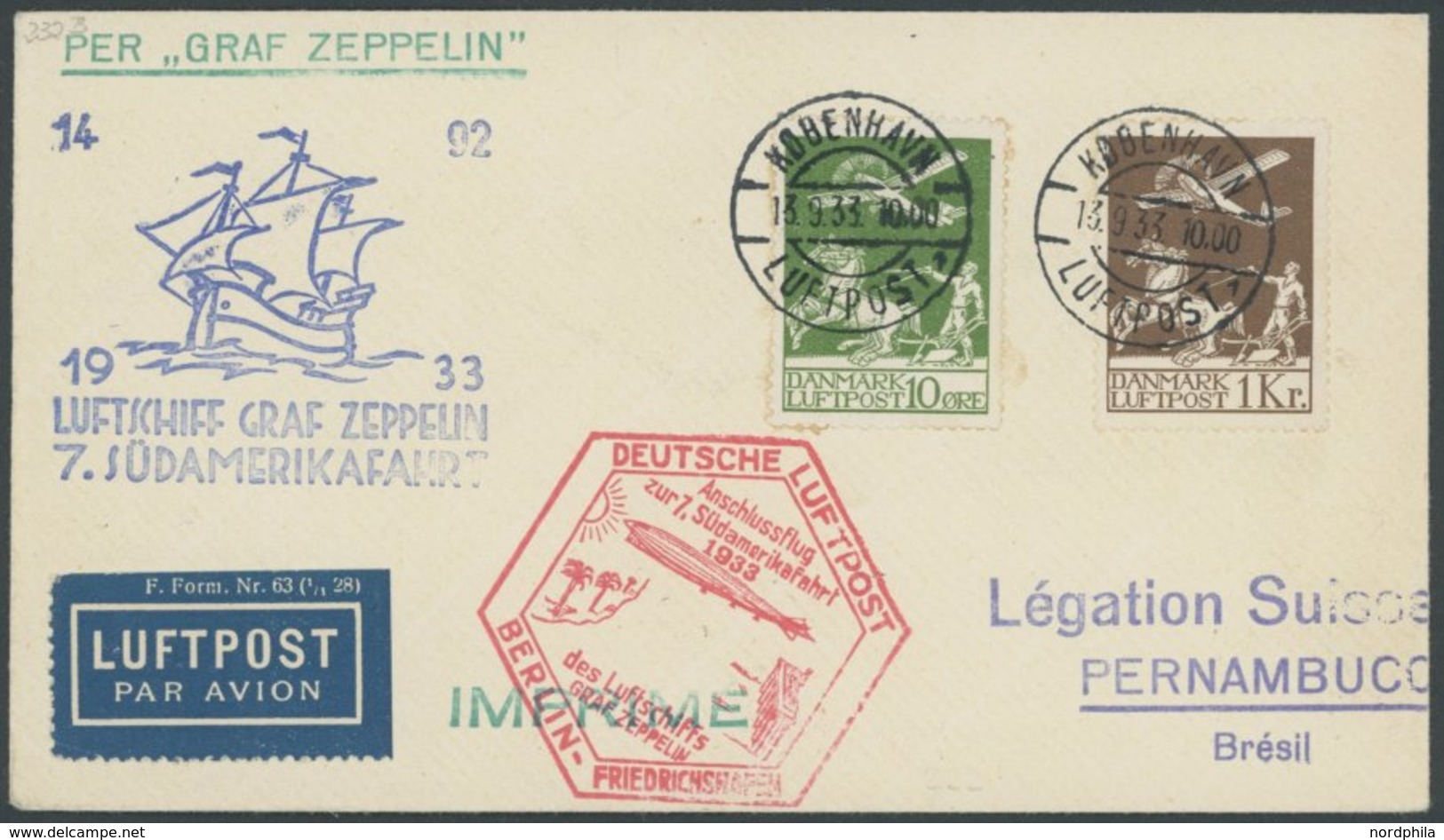 ZULEITUNGSPOST 232B BRIEF, Dänemark: 1933, 7. Südamerikafahrt, Anschlussflug Ab Berlin, Frankiert Mit Mi.Nr. 181 Und 143 - Zeppelin