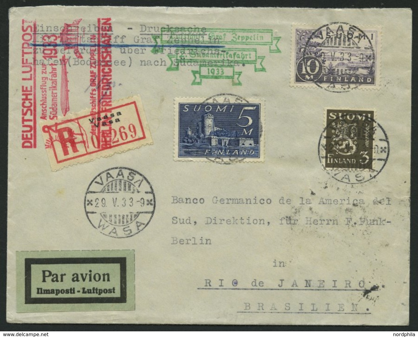 ZULEITUNGSPOST 214B BRIEF, Finnland: 1933, 2. Südamerikafahrt, Anschlußflug Ab Berlin, Einschreibbrief, Rückseitige Lasc - Zeppelins