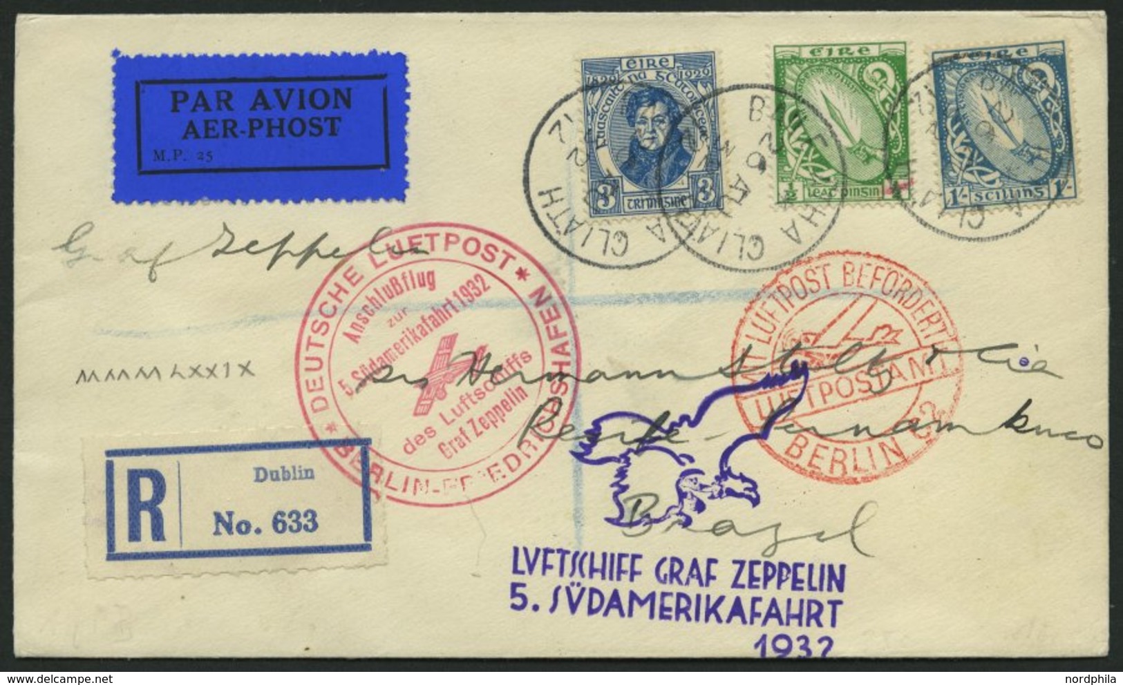 ZULEITUNGSPOST 171B BRIEF, Irland: 1932, 5. Südamerikafahrt, Anschlussflug Ab Berlin, Einschreibbrief, Pracht - Zeppelin