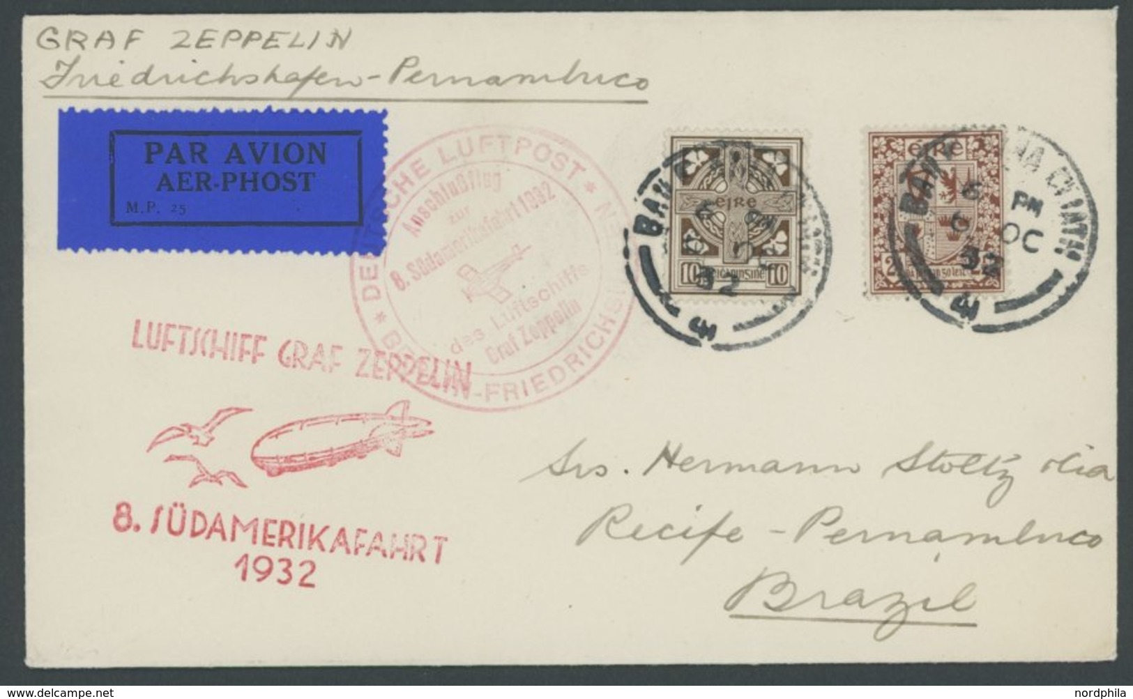 ZULEITUNGSPOST 189B BRIEF, Irland: 1932, 8. Südamerikafahrt, Anschlussflug Ab Berlin, Prachtbrief - Zeppelins