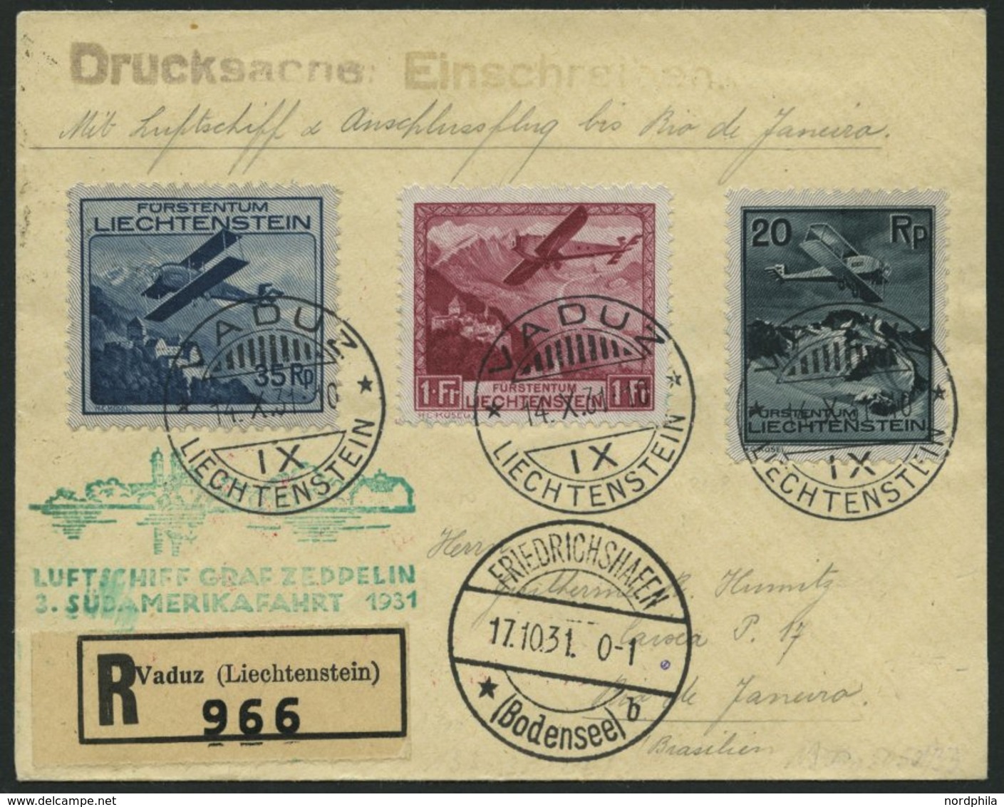 ZULEITUNGSPOST 133B BRIEF, Liechtenstein: 1931, 3. Südamerikafahrt, Post Nach Rio De Janeiro, Mit Rotem Rückfahrtstempel - Zeppelins
