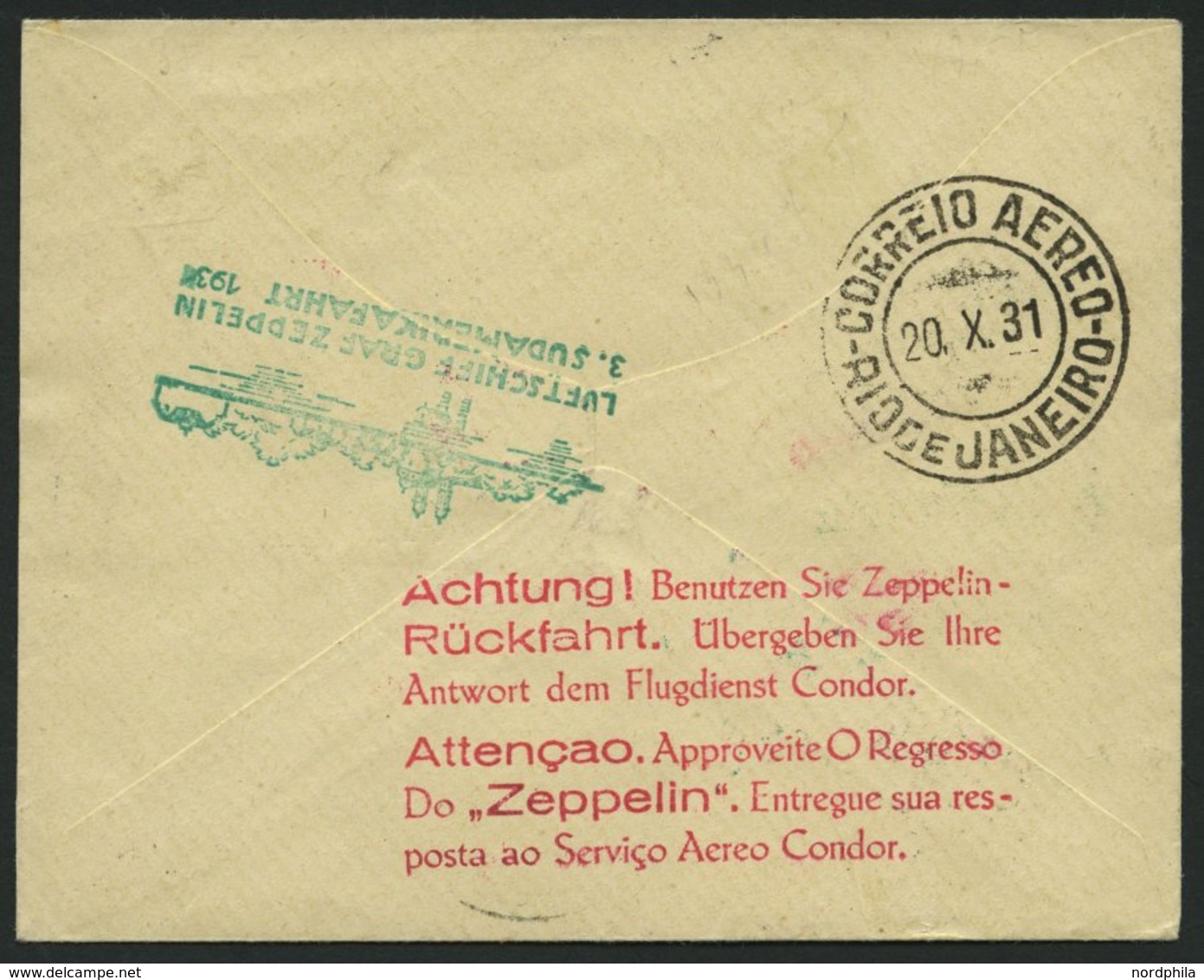 ZULEITUNGSPOST 133B BRIEF, Liechtenstein: 1931, 3. Südamerikafahrt, Post Nach Rio De Janeiro, Mit Rotem Rückfahrtstempel - Zeppelins