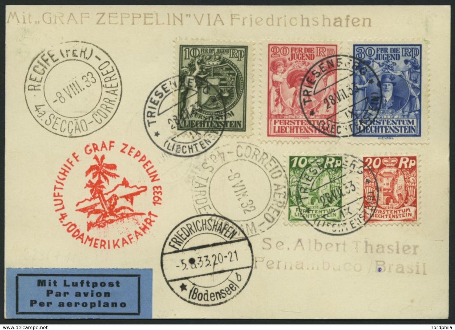 ZULEITUNGSPOST 223 BRIEF, Liechtenstein: 1933, 4. Südamerikafahrt, Gute Frankatur, Prachtkarte - Zeppelins