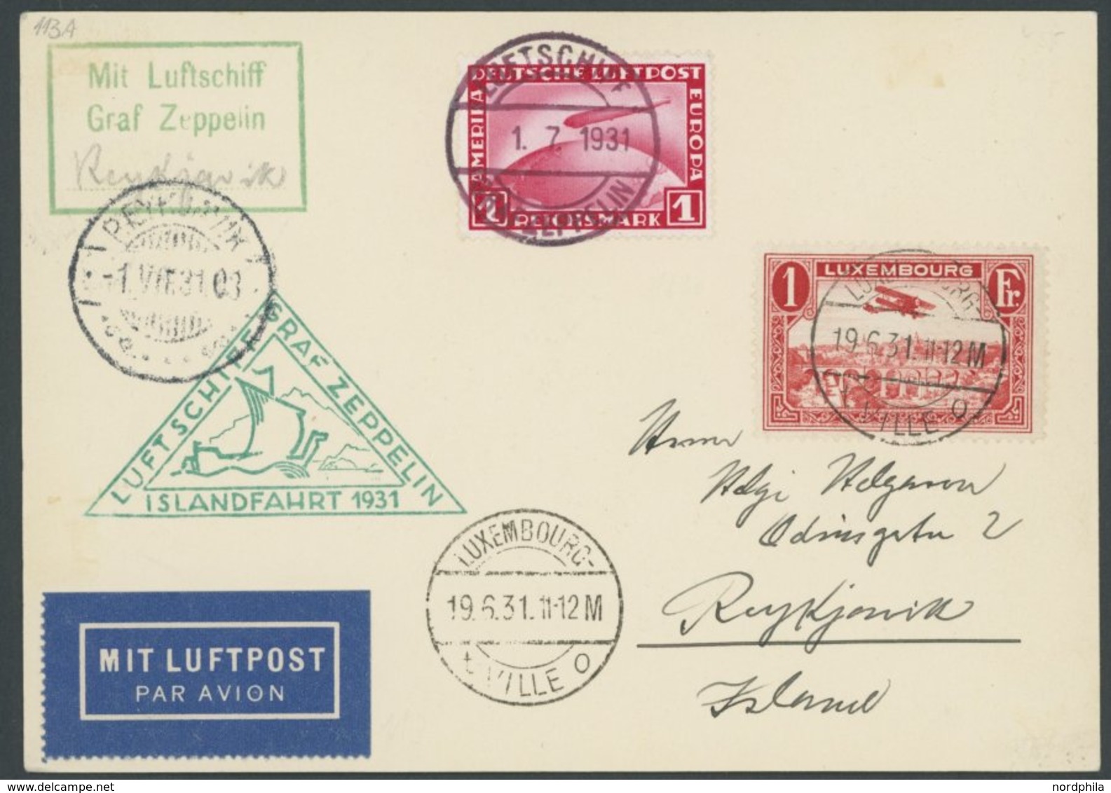 ZULEITUNGSPOST 113 BRIEF, Luxemburg: 1931, Islandfahrt, Mit Zusatzfrankatur Dt. Reich Mi.Nr. 455, Prachtbrief - Zeppelins