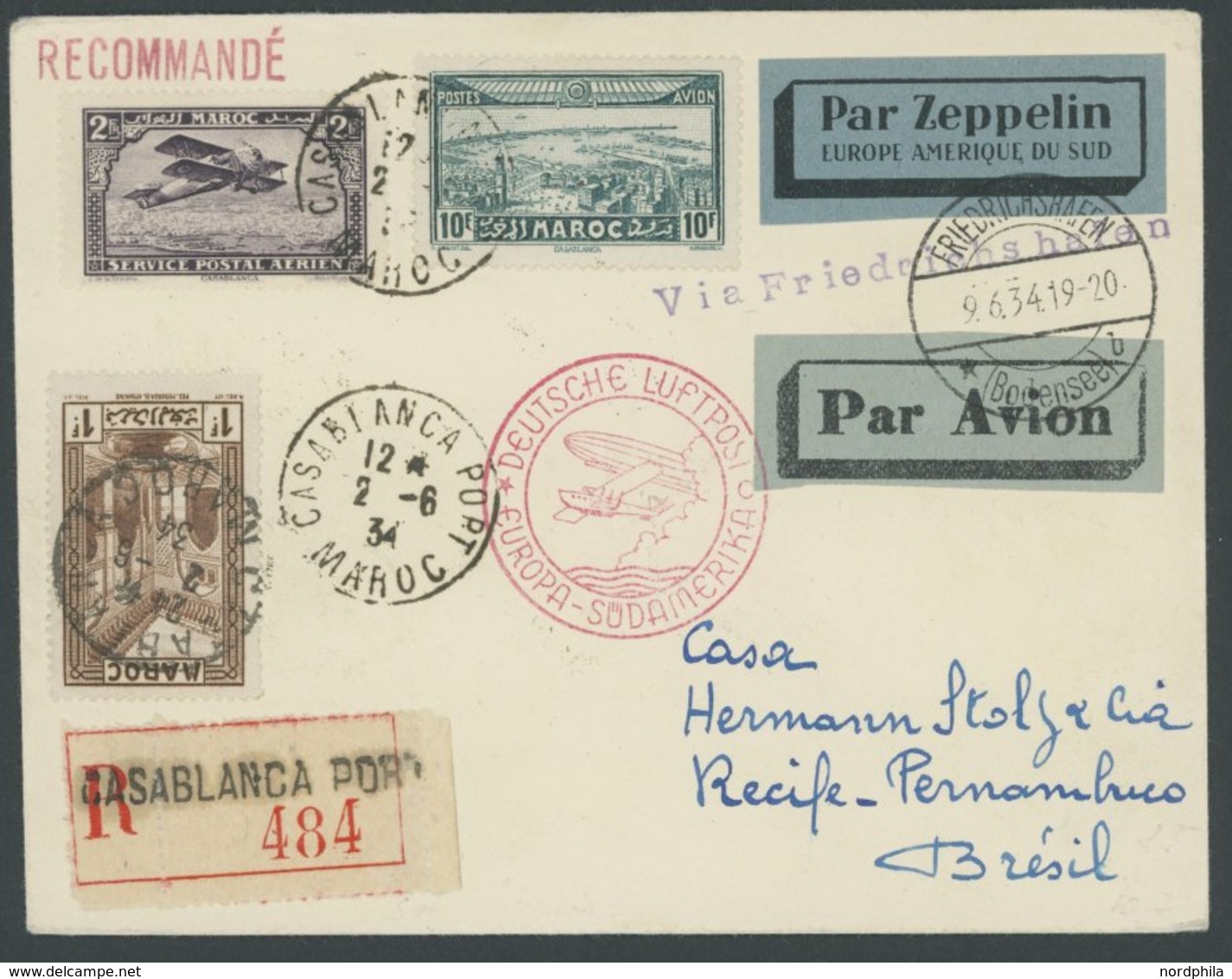 ZULEITUNGSPOST 250Aa BRIEF, Marokko Französisches Protektorat: 1934, 2. Südamerikafahrt, Auflieferung Friedrichshafen St - Zeppelines