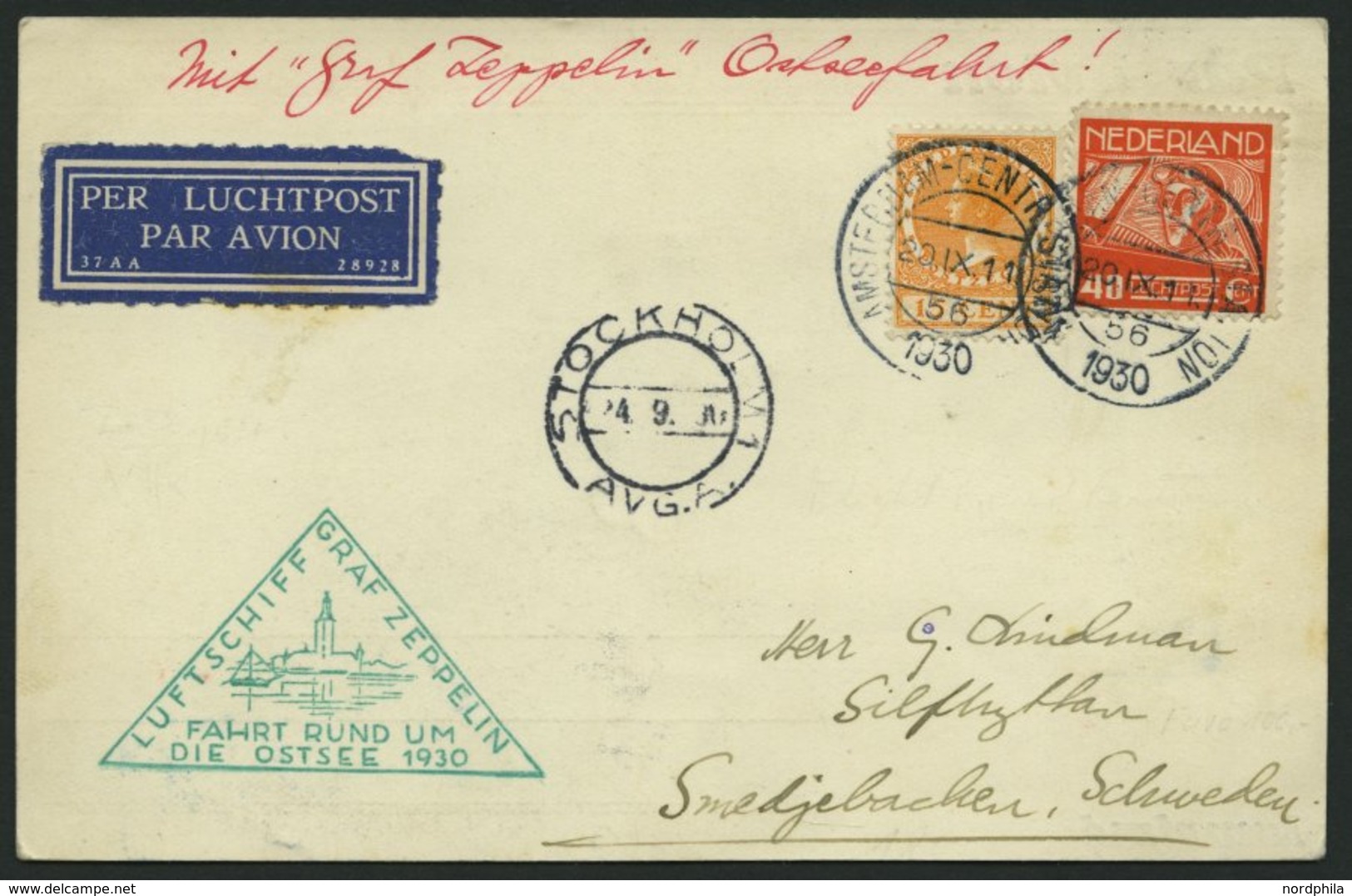 ZULEITUNGSPOST 88 BRIEF, Niederlande: 1930, Ostseefahrt, Bis Stockholm, Prachtkarte - Zeppelins