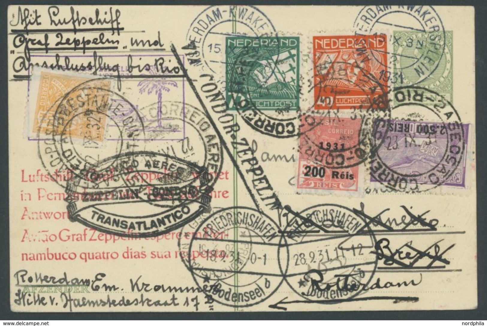 ZULEITUNGSPOST 129D BRIEF, Niederlande: 1931, 2. Südamerikafahrt, Hin- Und Rückfahrt, Mit Niederländischer Und Brasilian - Zeppelins