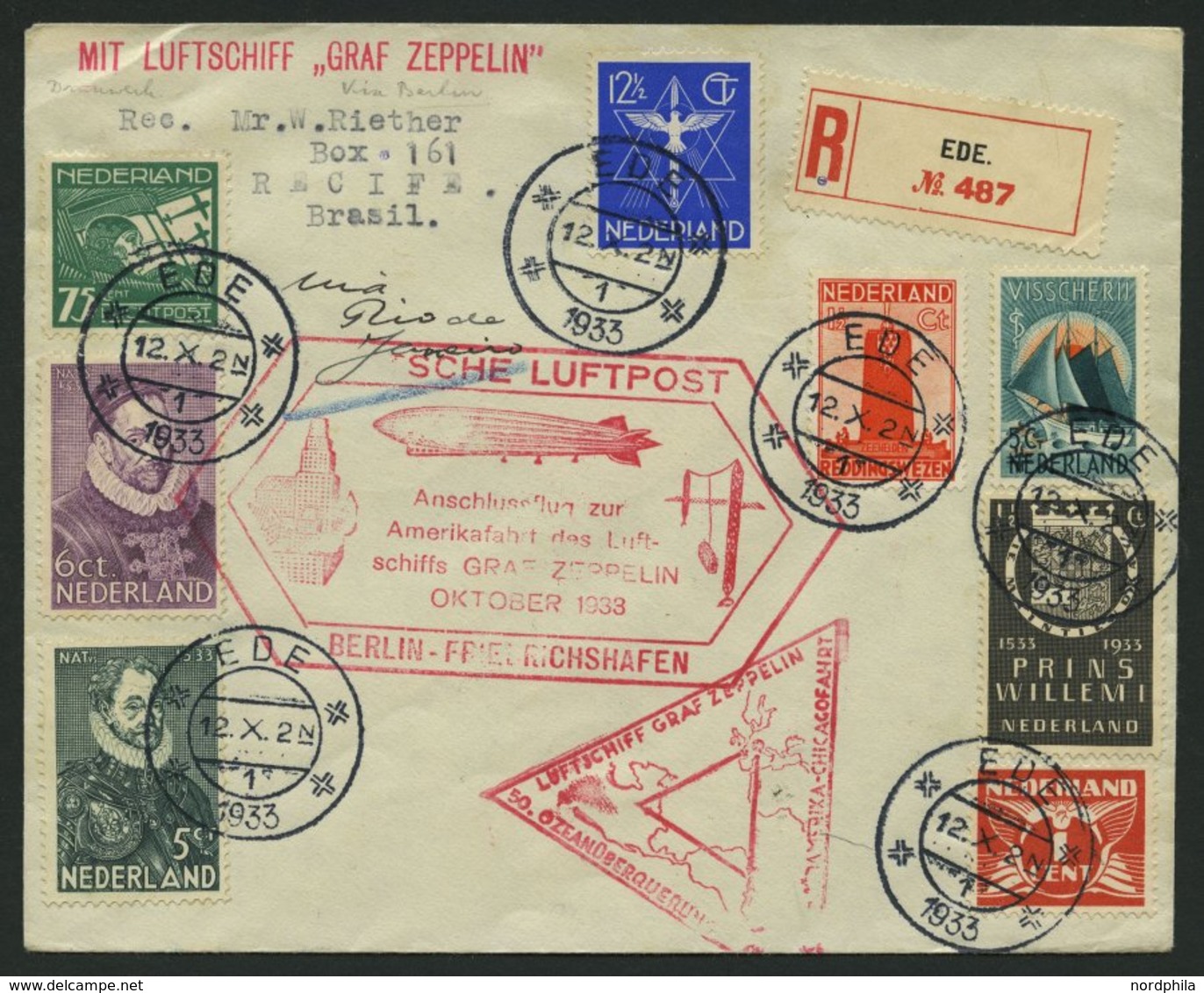 ZULEITUNGSPOST 238 BRIEF, Niederlande: 1933, Chicagofahrt, Bis Fr`hafen, Einschreibbrief, Pracht - Zeppelins
