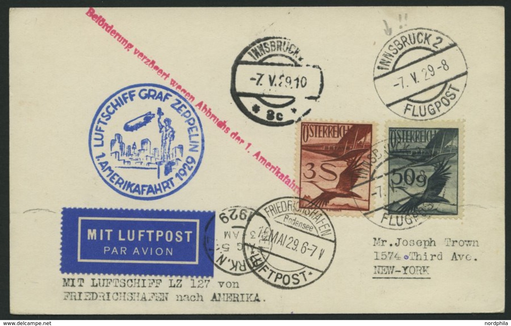 ZULEITUNGSPOST 26 BRIEF, Österreich: 1929, 1. Amerikafahrt, Mit Verzögerungsstempel, Prachtkarte - Zeppelins