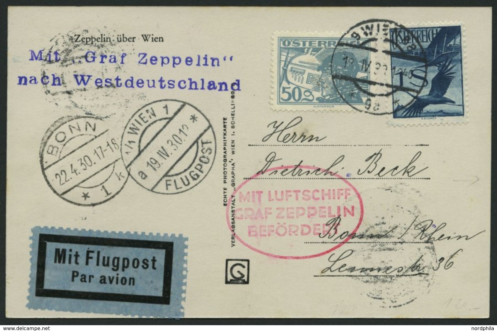 ZULEITUNGSPOST 54 BRIEF, Österreich: 1930, Landungsfahrt Nach Bonn, Prachtkarte - Zeppelins