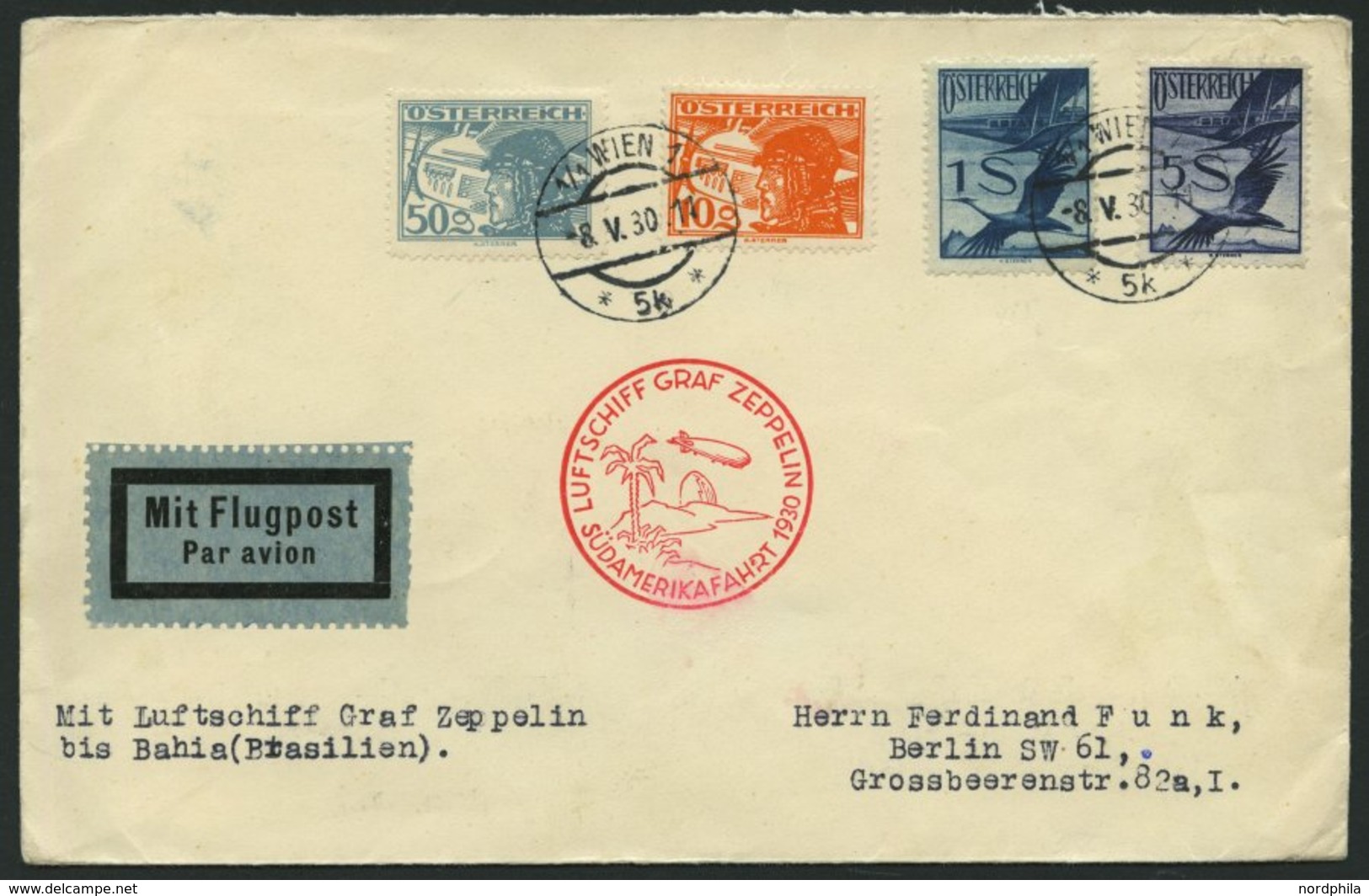 ZULEITUNGSPOST 57D BRIEF, Österreich: 1930, Südamerikafahrt, Bis Bahia, Prachtbrief - Zeppelines