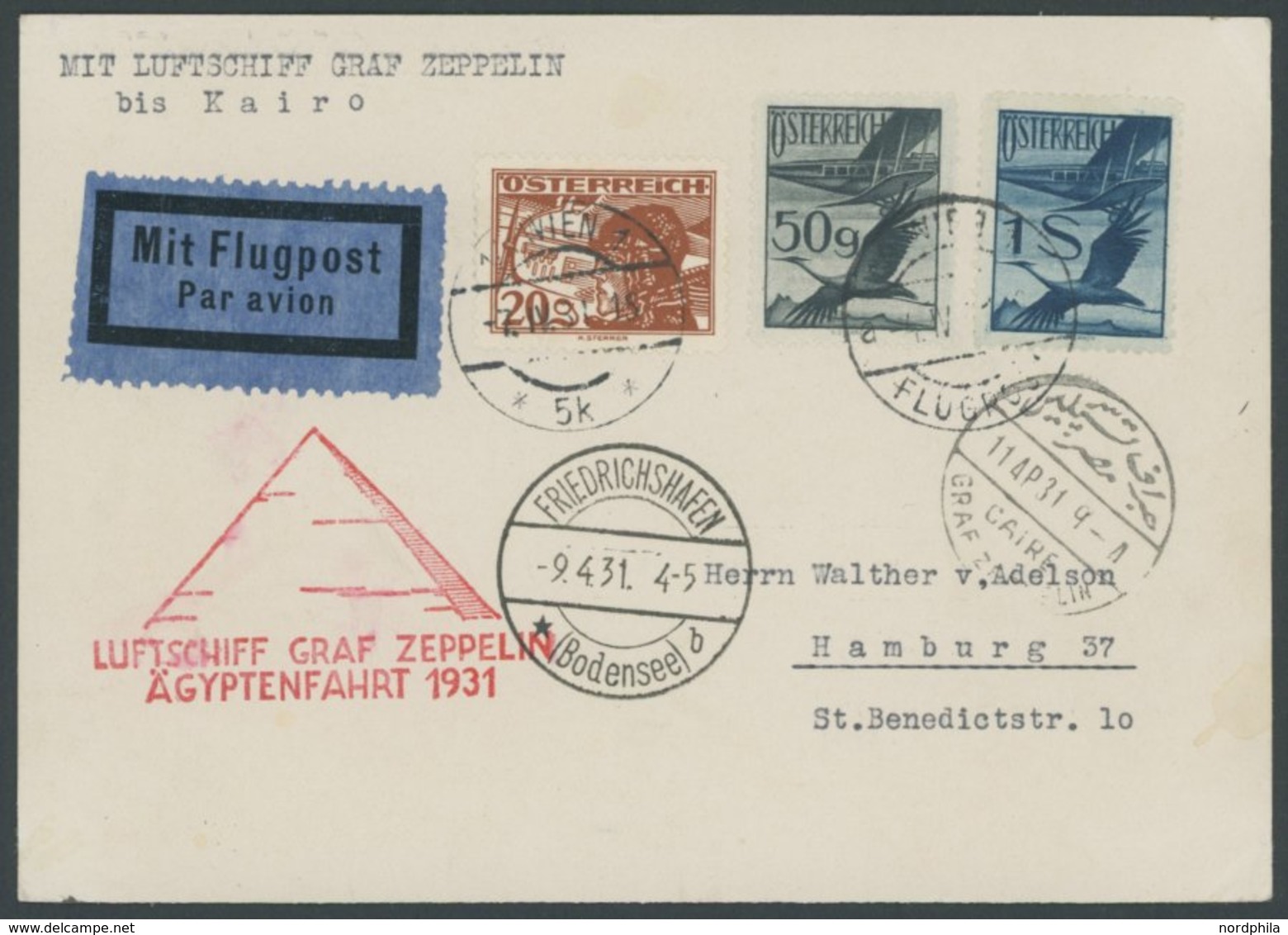 ZULEITUNGSPOST 104 BRIEF, Österreich: 1931, Ägyptenfahrt, Prachtkarte - Zeppelin