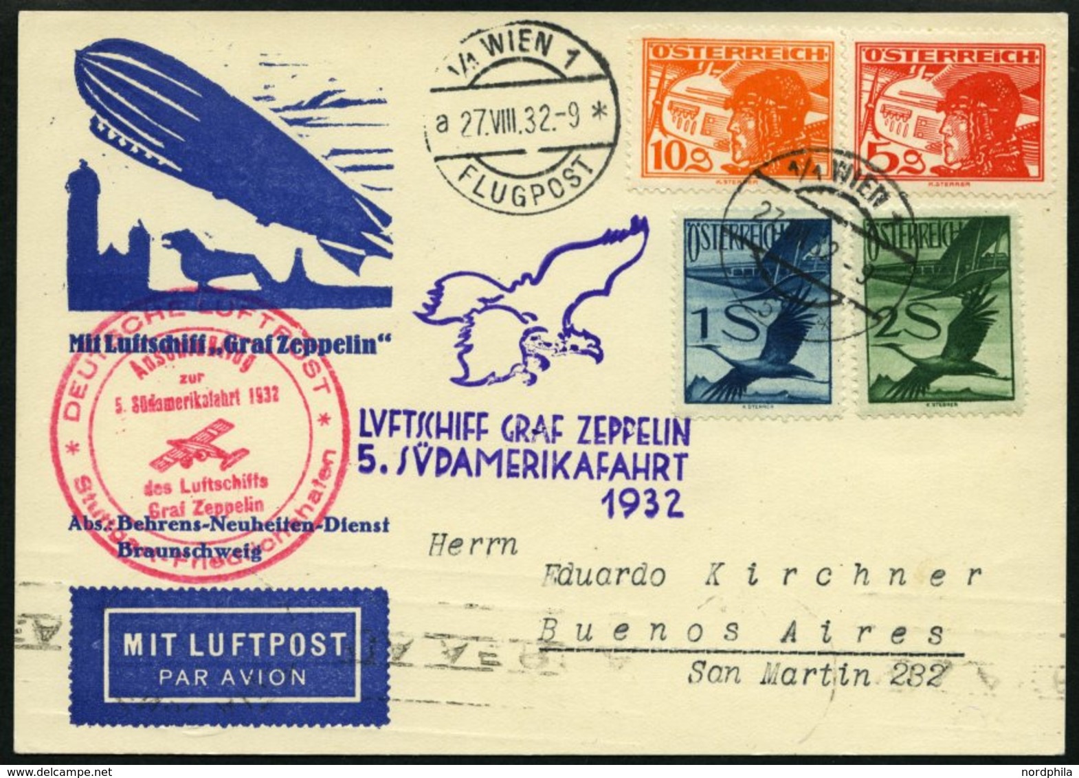 ZULEITUNGSPOST 171C BRIEF, Österreich: 1932, 5. Südamerikafahrt, Anschlußflug Ab Stuttgart, Nur 96 Belege!, Prachtkarte - Zeppelins