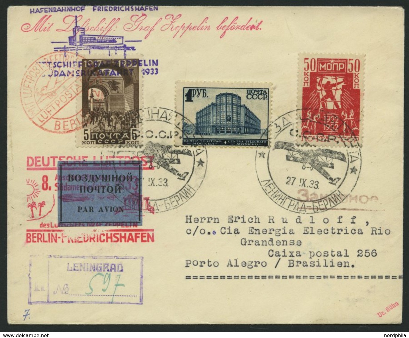 ZULEITUNGSPOST 235B BRIEF, Russland: 1933, 8. Südamerikafahrt, Anschlußflug Ab Berlin, Einschreibbrief, Pracht - Zeppelins