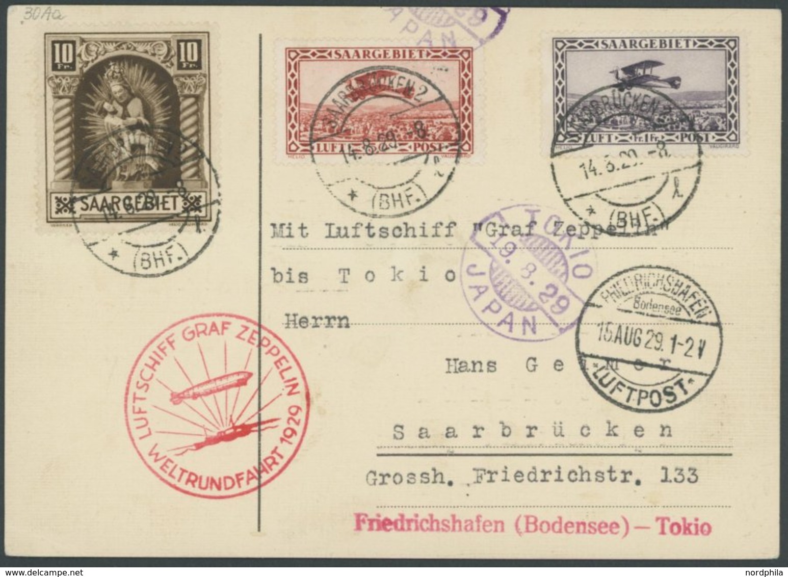 ZULEITUNGSPOST 30 Aa BRIEF, Saargebiet: 1929, Weltrundfahrt, Poststempel Friedrichshafen, Friedrichshafen-Tokio, Frankie - Zeppelins