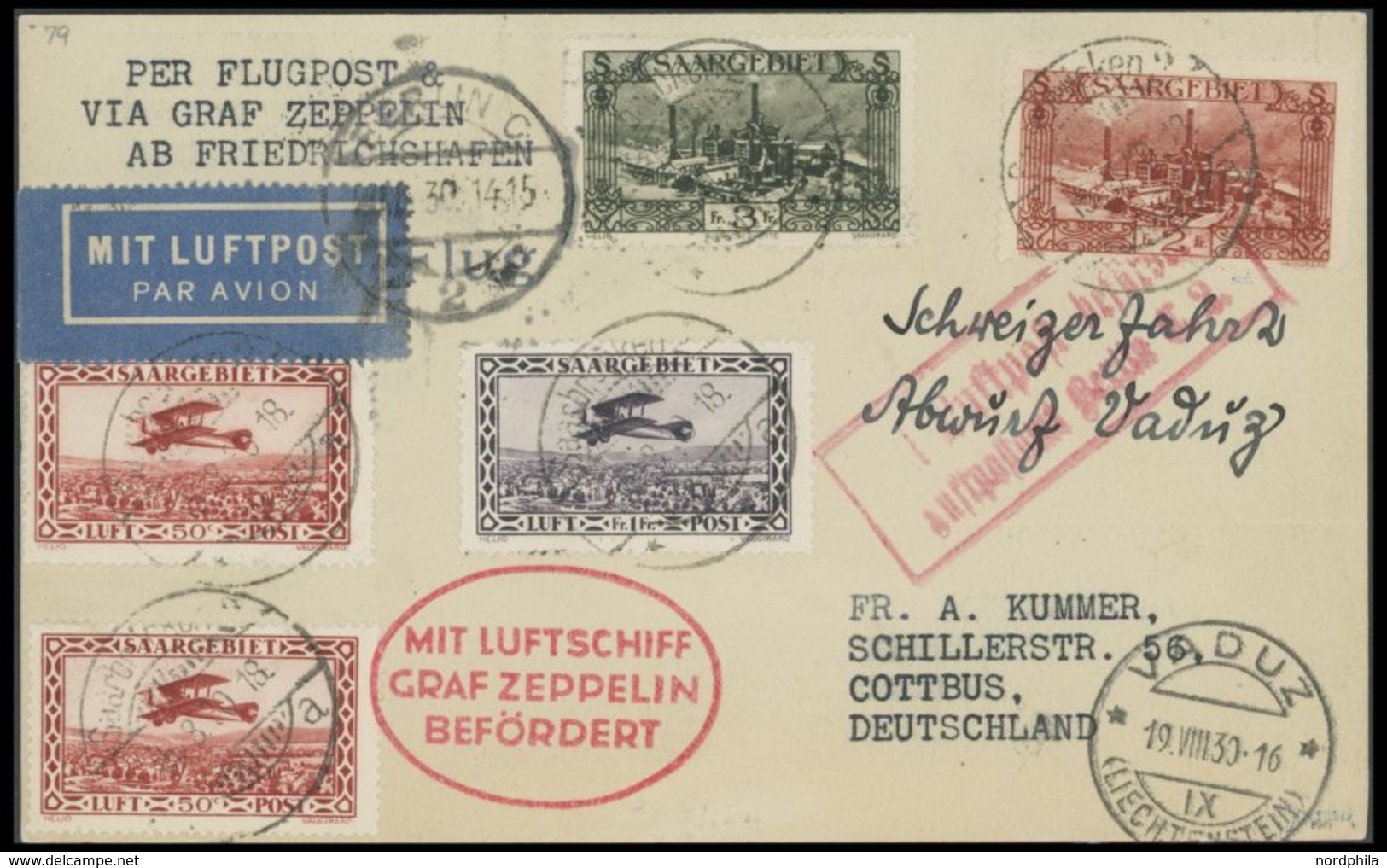 ZULEITUNGSPOST 79 BRIEF, Saargebiet: 1930, Fahrt Nach Vaduz, Mit Allen Stempeln, Prachtkarte, R!, Signiert Sieger Und Eb - Zeppelins