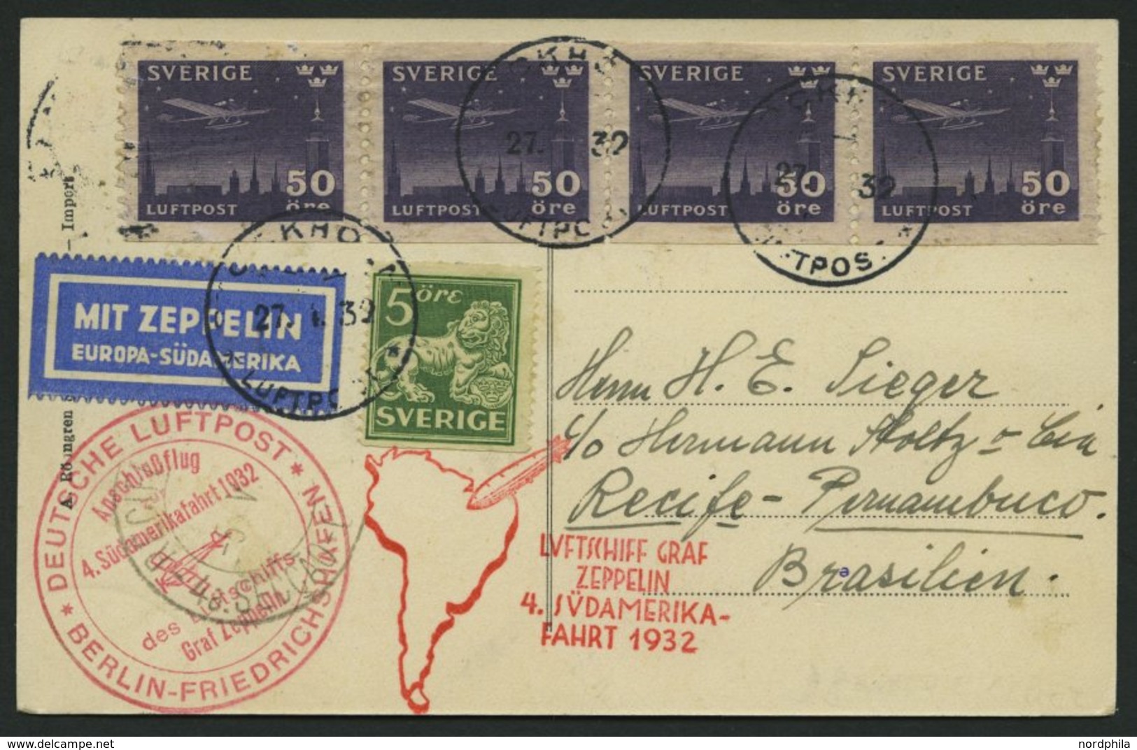 ZULEITUNGSPOST 157B BRIEF, Schweden: 1932, 4. Südamerikafahrt, Anschlussflug Ab Berlin, Prachtkarte - Zeppelins