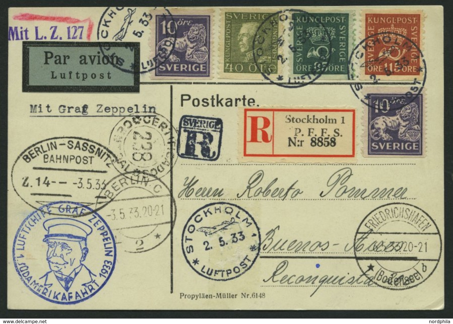 ZULEITUNGSPOST 202 BRIEF, Schweden: 1933, 1. Nordamerikafahrt, Einschreibkarte, Pracht - Zeppelins