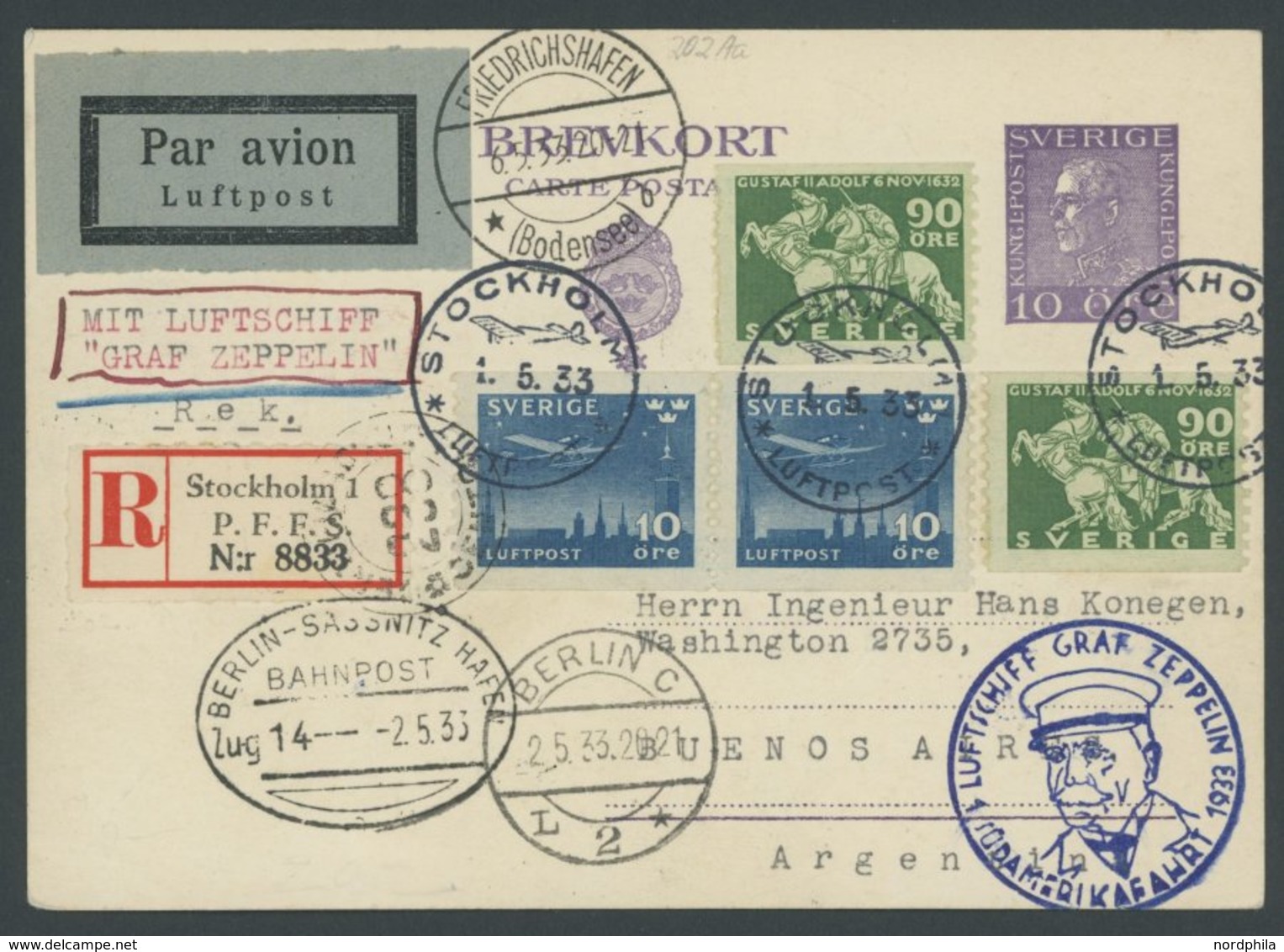 ZULEITUNGSPOST 202Aa BRIEF, Schweden: 1933, 1. Südamerikafahrt, Einschreiben Mit Bahnpost Berlin-Sassnitz, Nach Friedric - Zeppelin