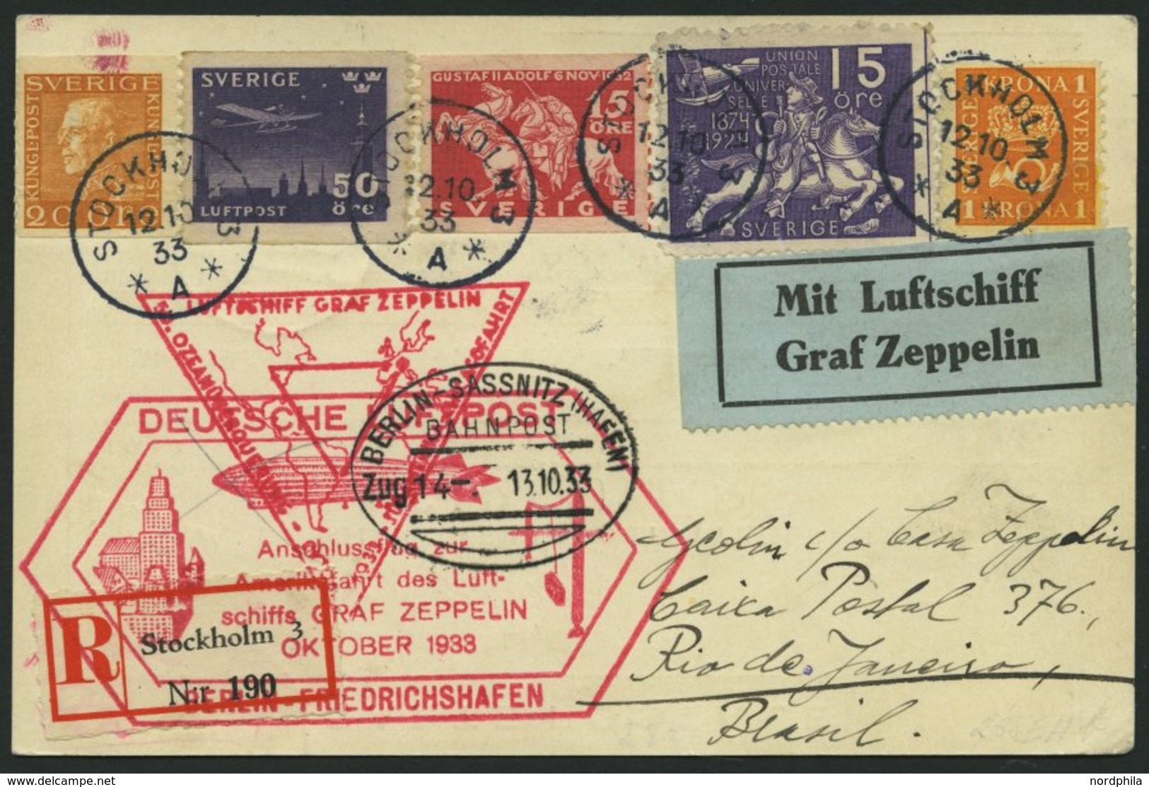 ZULEITUNGSPOST 238E BRIEF, Schweden: 1933, Chicagofahrt, Anschlußflug Ab Berlin, Einschreibkarte, Pracht - Zeppelins