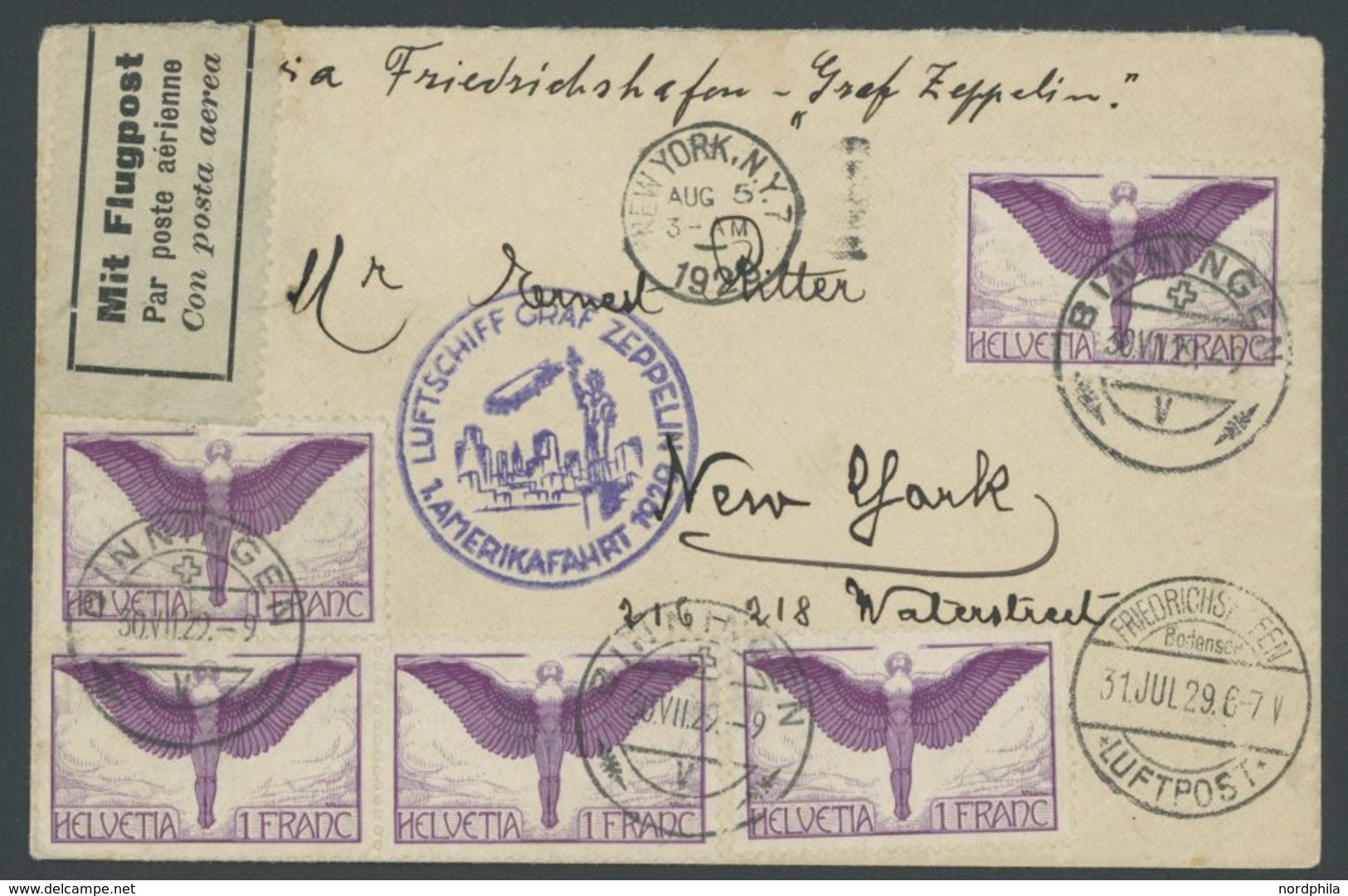 ZULEITUNGSPOST 27 BRIEF, Schweiz: 1929, 1. Nordamerikafahrt, Ohne Verzögerungsstempel, Frankiert Mit 5x Mi.Nr. 191x, Pra - Zeppelin