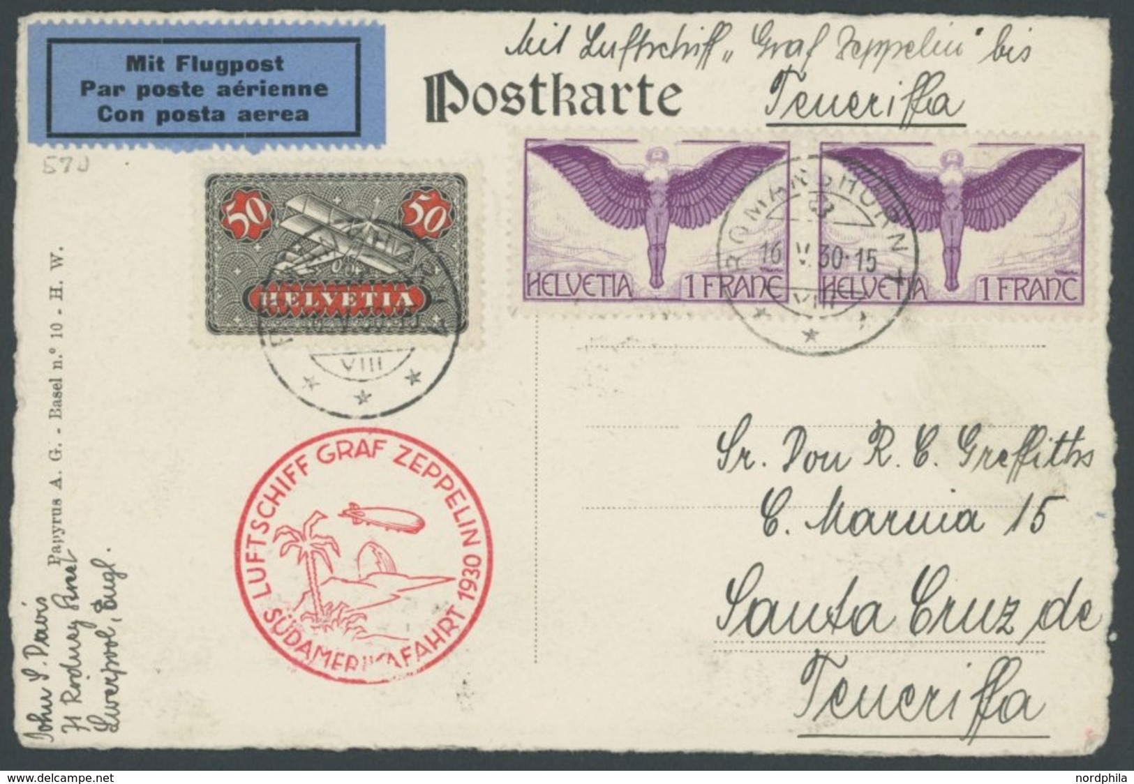 ZULEITUNGSPOST 57J BRIEF, Schweiz: 1930, Südamerikafahrt, Abwurf Praia, Prachtkarte - Zeppelin