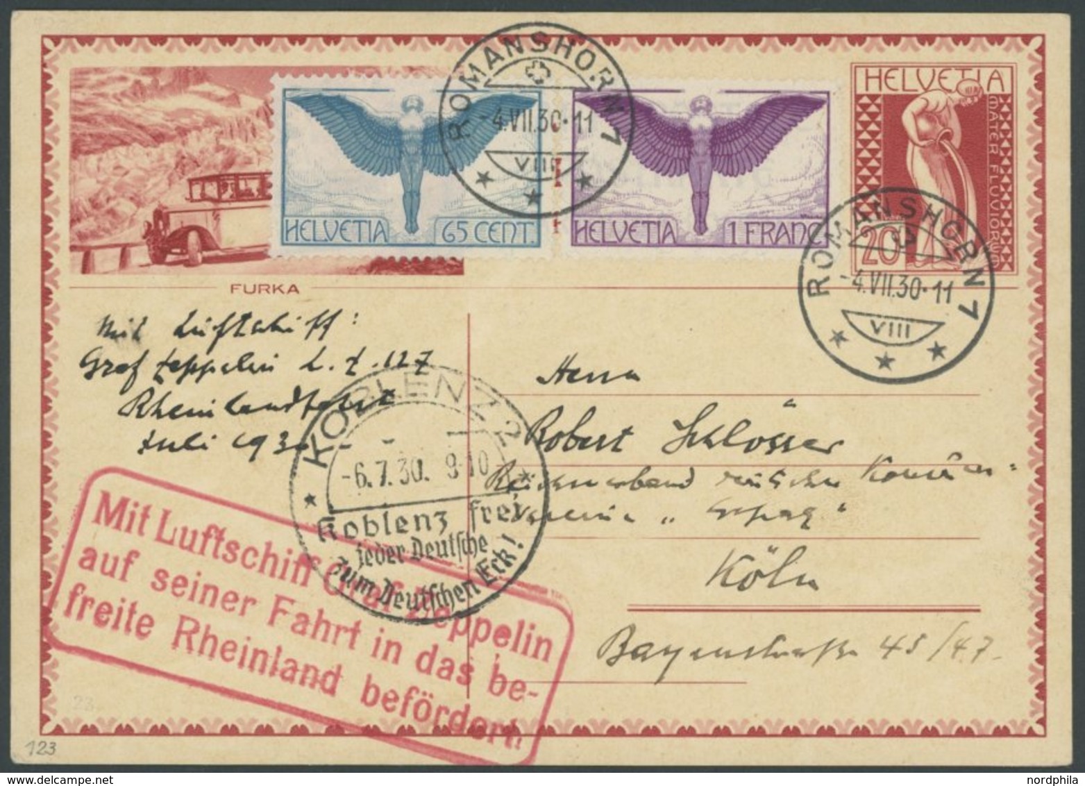 ZULEITUNGSPOST 72g BRIEF, Schweiz: 1930, Fahrt In Das Befreite Rheinland, Abwurf Koblenz, Prachtkarte - Zeppelins