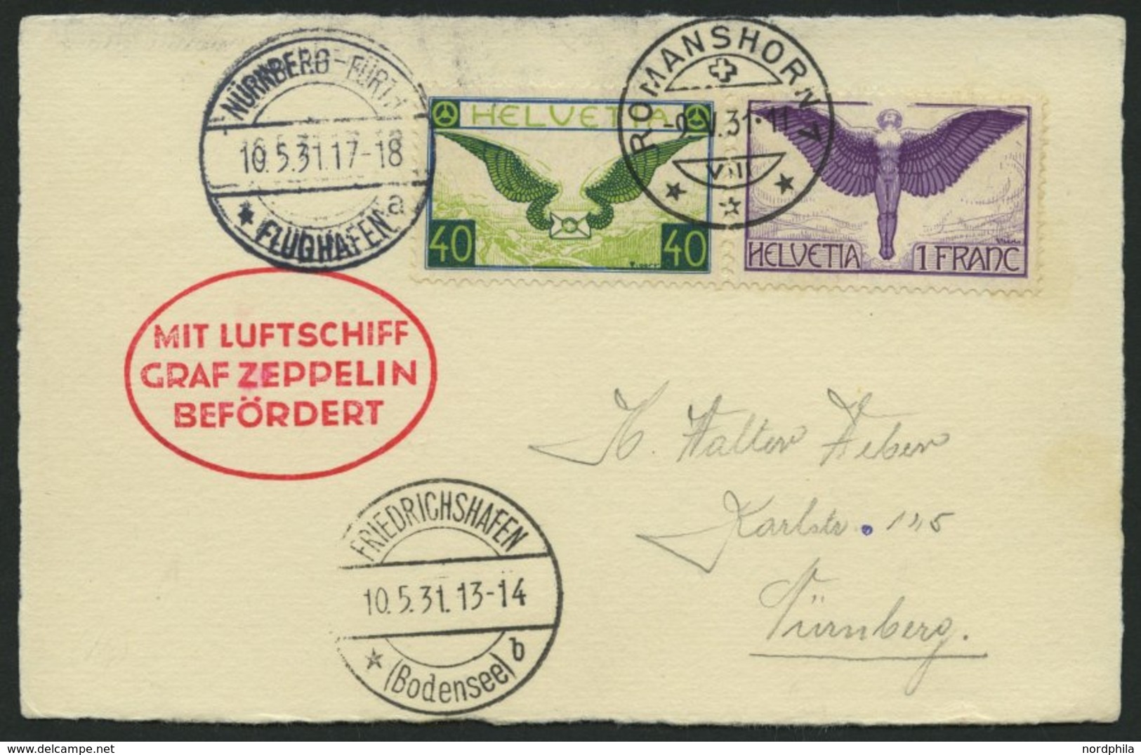 ZULEITUNGSPOST 107 BRIEF, Schweiz: 1931, Nürnbergfahrt, Prachtkarte - Zeppelins