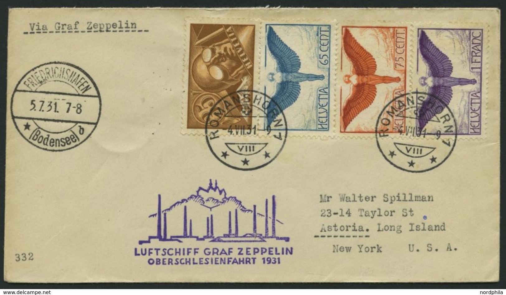 ZULEITUNGSPOST 115 BRIEF, Schweiz: 1931, Oberschlesienfahrt, Prachtbrief Nach New York - Zeppelin