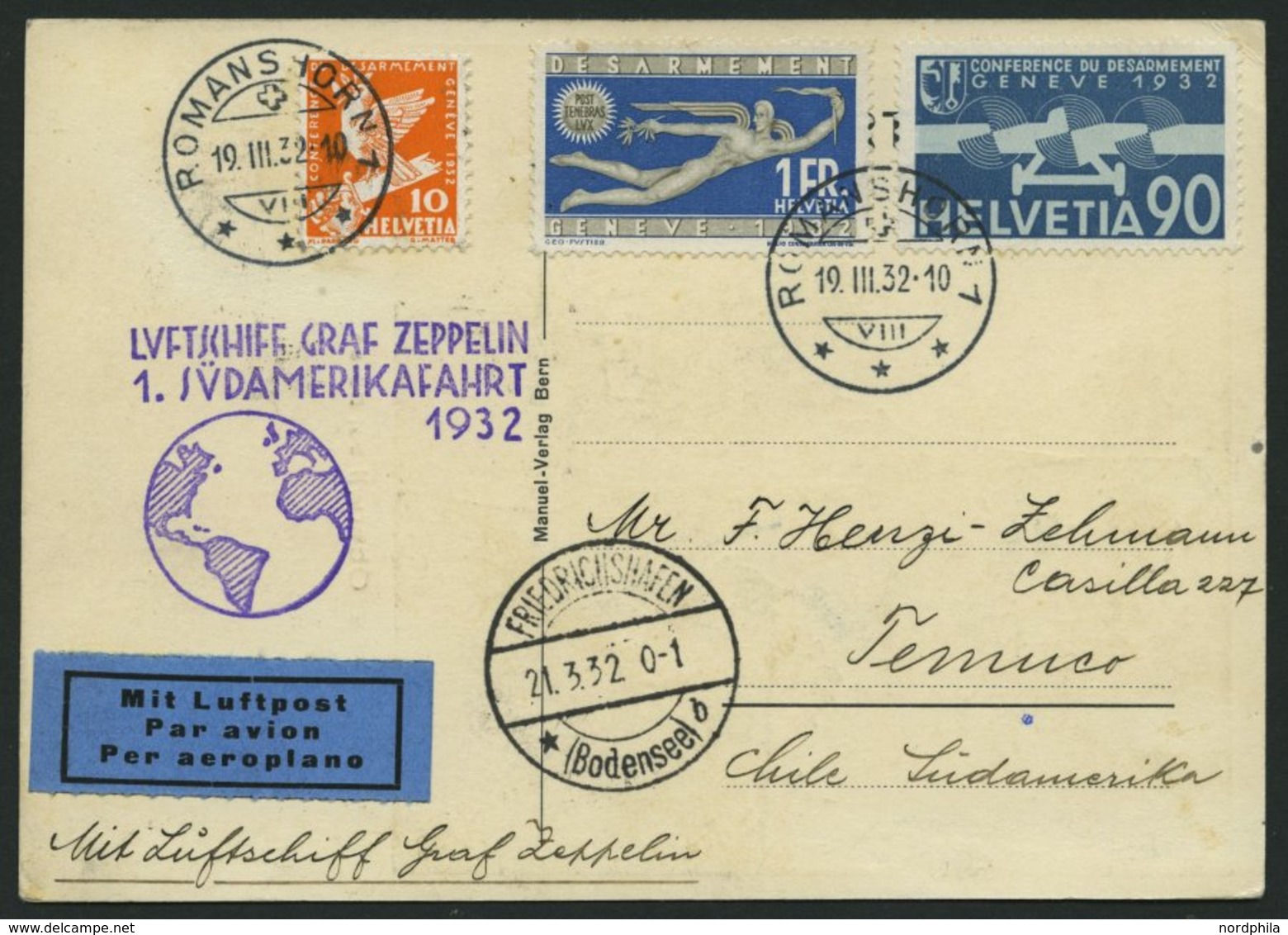 ZULEITUNGSPOST 138Aa BRIEF, Schweiz: 1932, 1. Südamerikafahrt, Auflieferung Fr`hafen, Prachtkarte - Zeppelin
