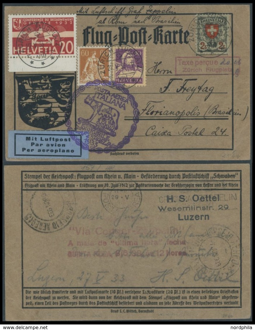 ZULEITUNGSPOST 207/214B BRIEF, Schweiz: 1933, Italienfahrt, Nachverwendete Flugpostkarte Ab Zürich, Mit 20 Cts Nachgebüh - Zeppelin