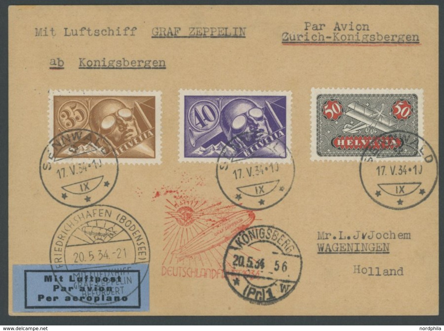 ZULEITUNGSPOST 246C BRIEF, Schweiz: 1934, Deutschlandfahrt, Auflieferung Königsberg, Prachtkarte - Zeppelin