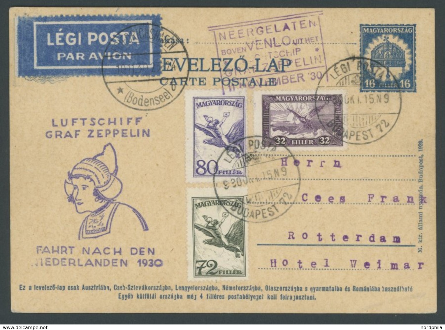 ZULEITUNGSPOST 98Aa BRIEF, Ungarn: 1930, Fahrt In Die Niederlande, Abwurf Venlo, Prachtkarte - Zeppelin