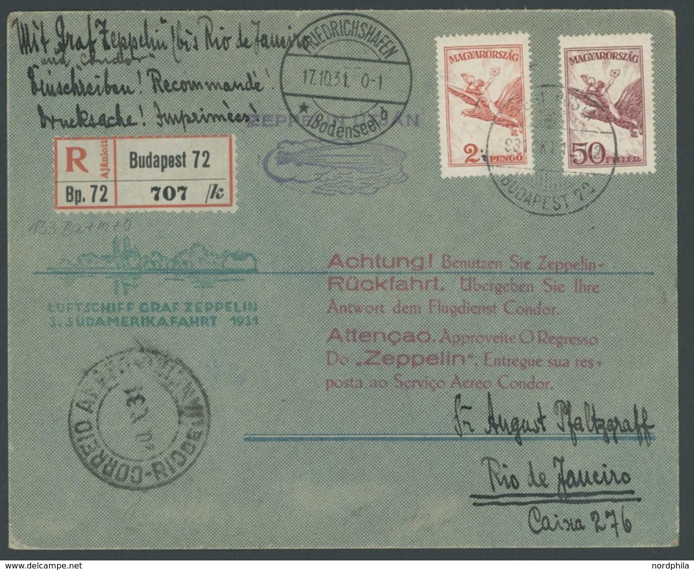 ZULEITUNGSPOST 133 BRIEF, Ungarn: 1931, 3. Südamerikafahrt, Einschreiben-Drucksache, Prachtbrief - Zeppelins